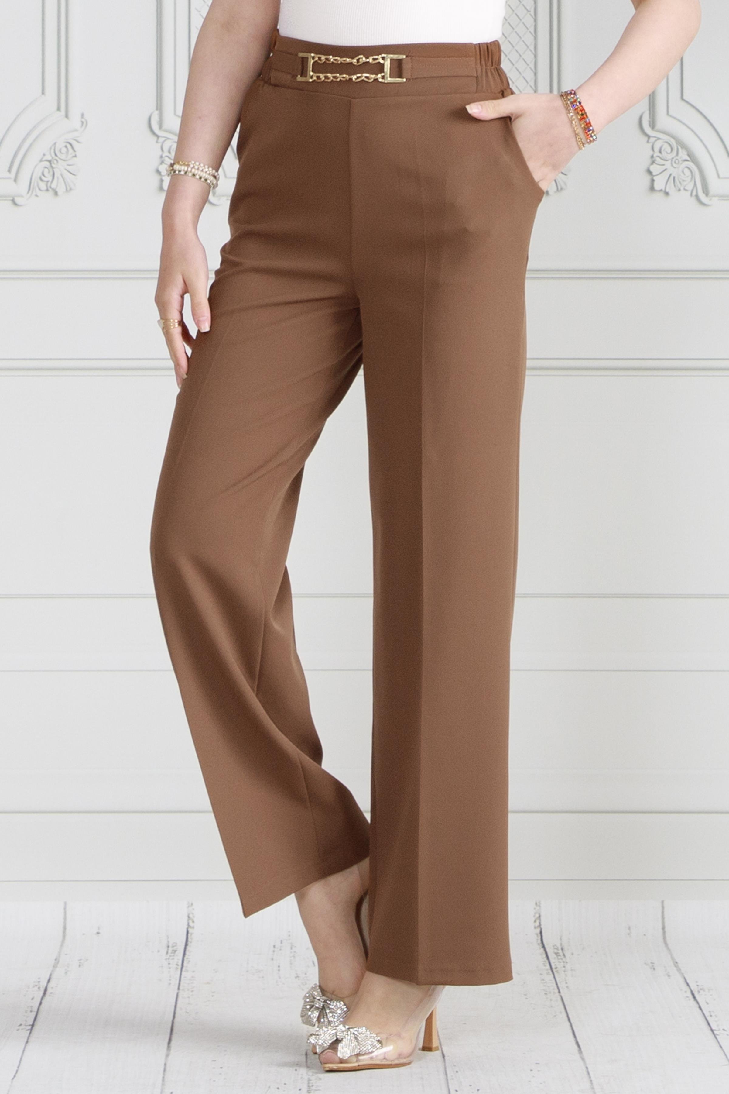 Beli Zincir Detaylı Bol Paça Pantolon-Kahverengi