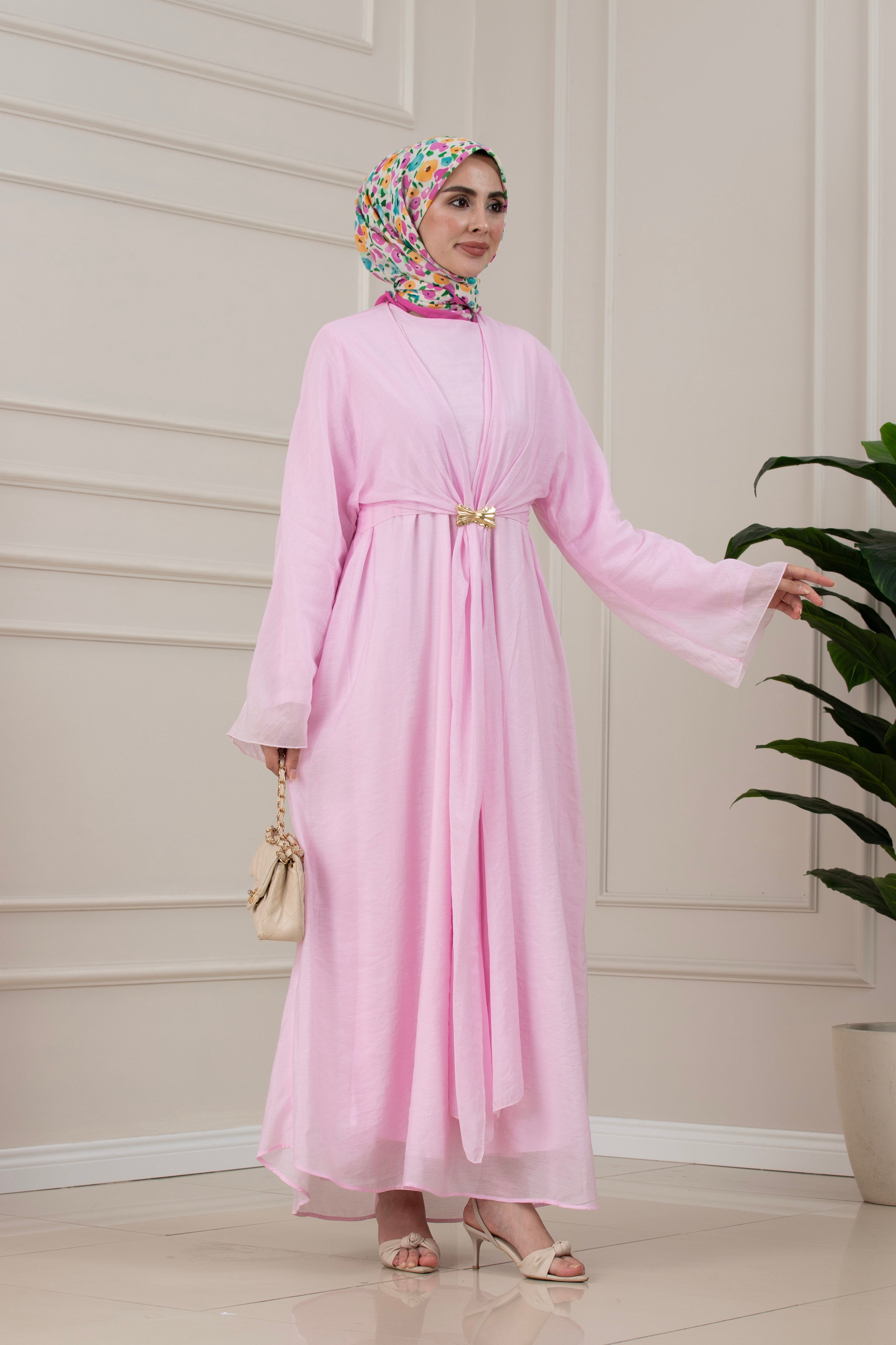 Bolerolu Toka Detaylı Defne Elbise-PEMBE