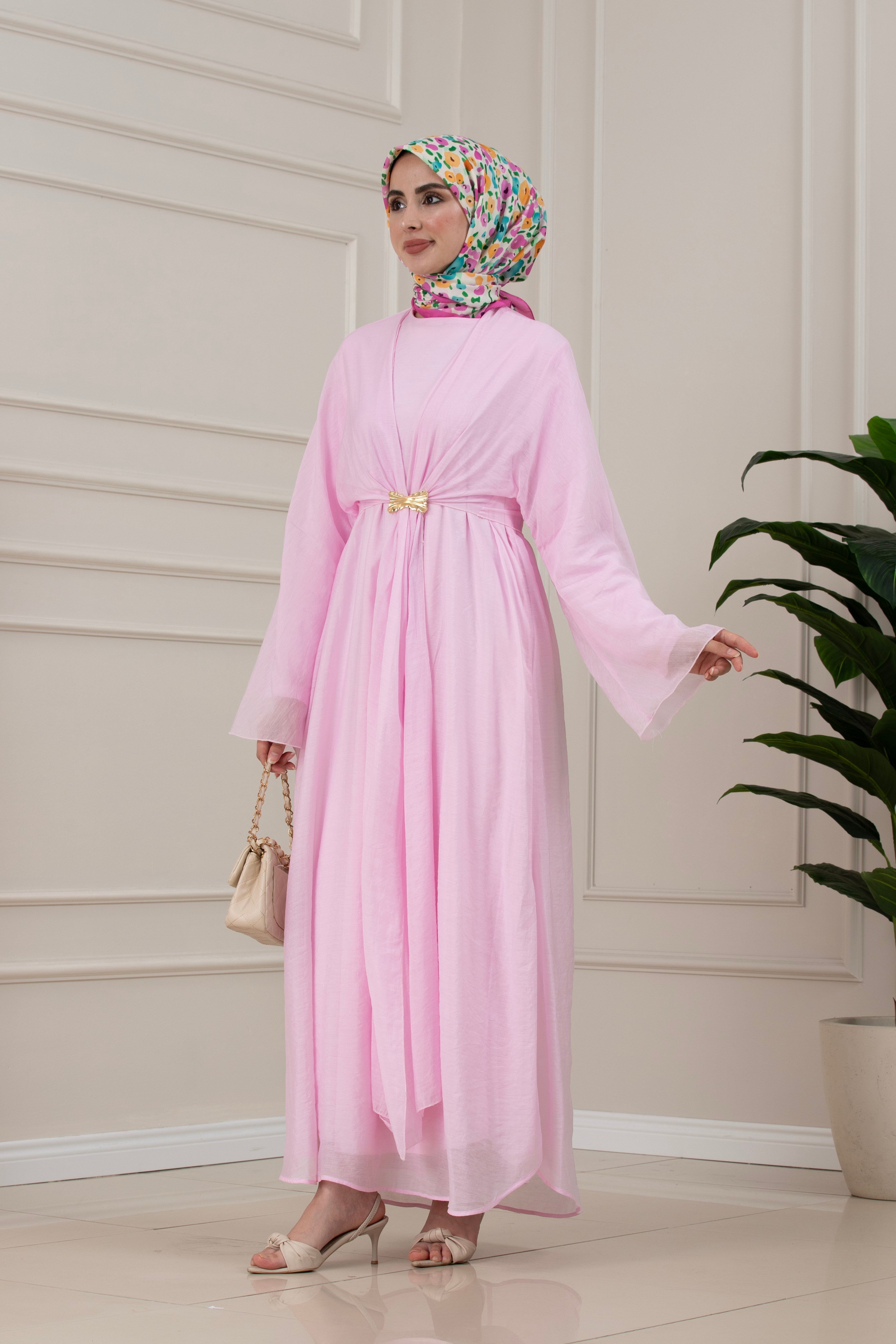 Bolerolu Toka Detaylı Defne Elbise-PEMBE