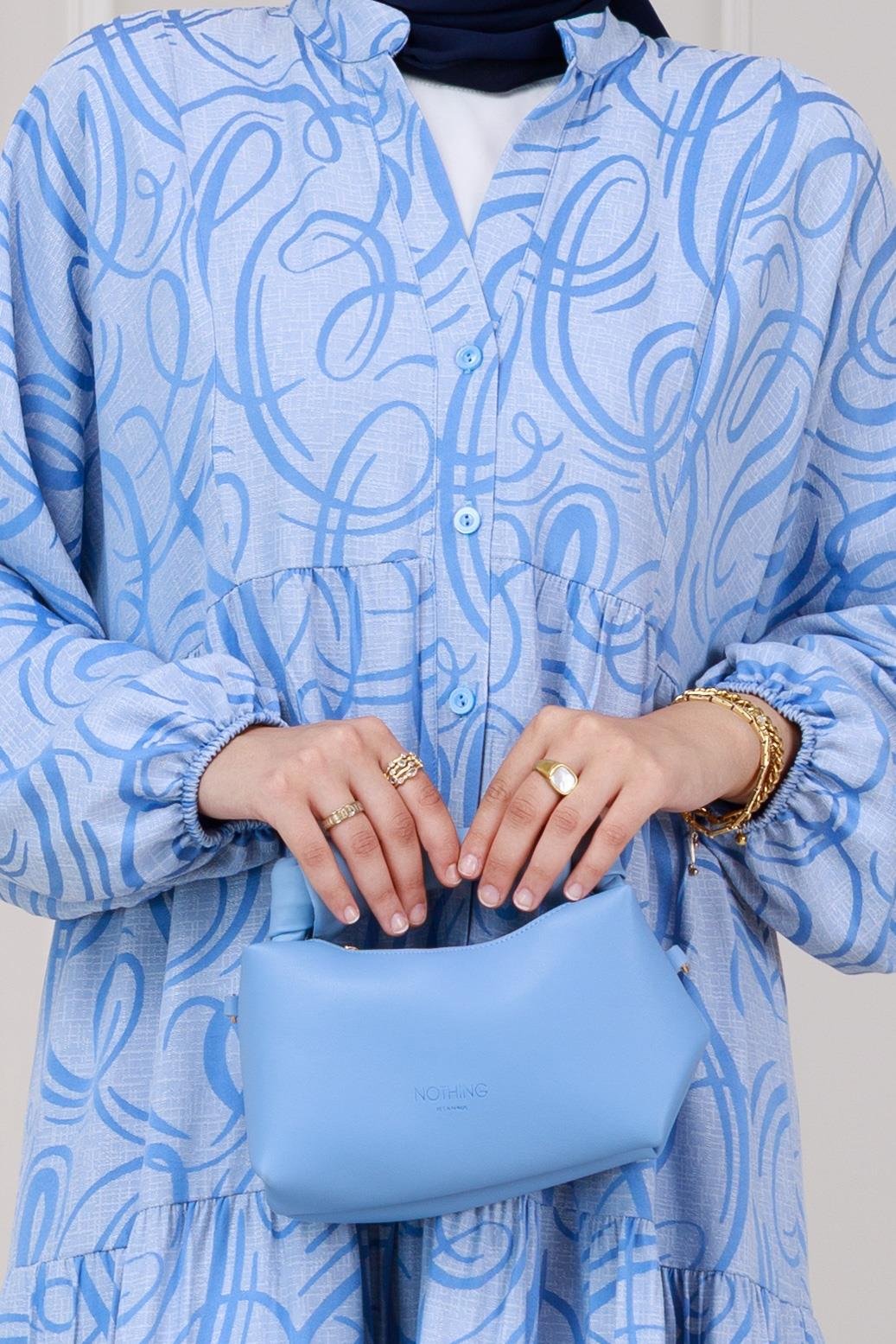 Dalga Desen Robalı Elbise-Mavi