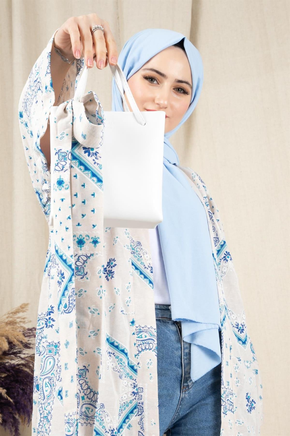 Damla Desenli Kimono-Mavi