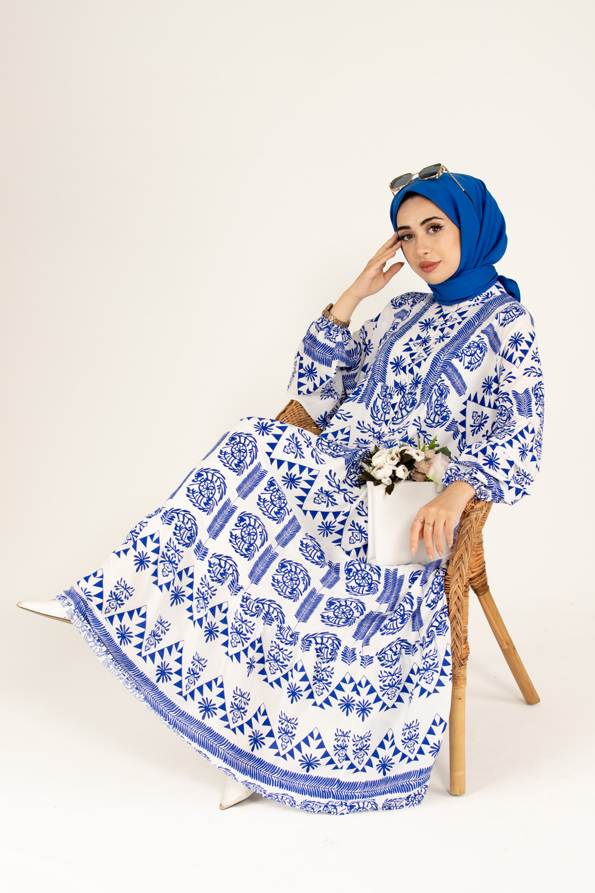 Desenli Viscon Elbise-Mavi