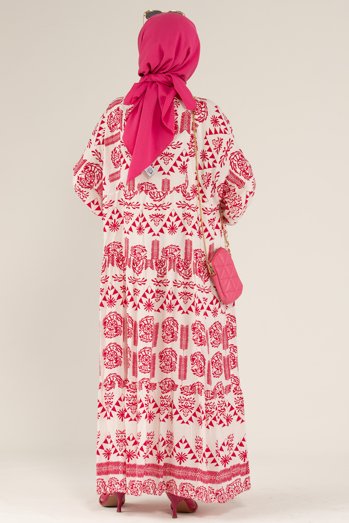 Desenli Viscon Elbise-pembe