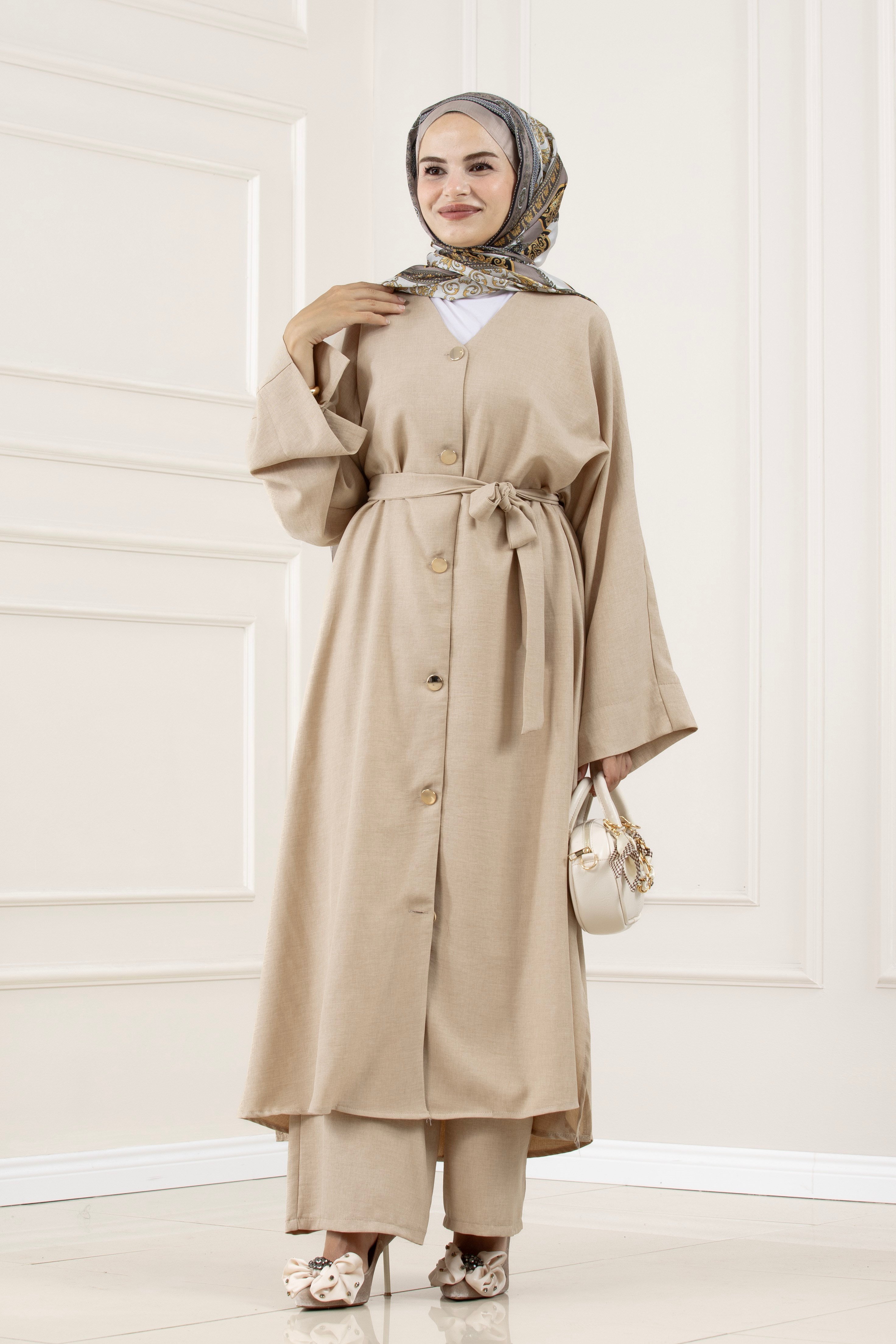 Düğmeli Davin Abaya İkili Takım-BEJ