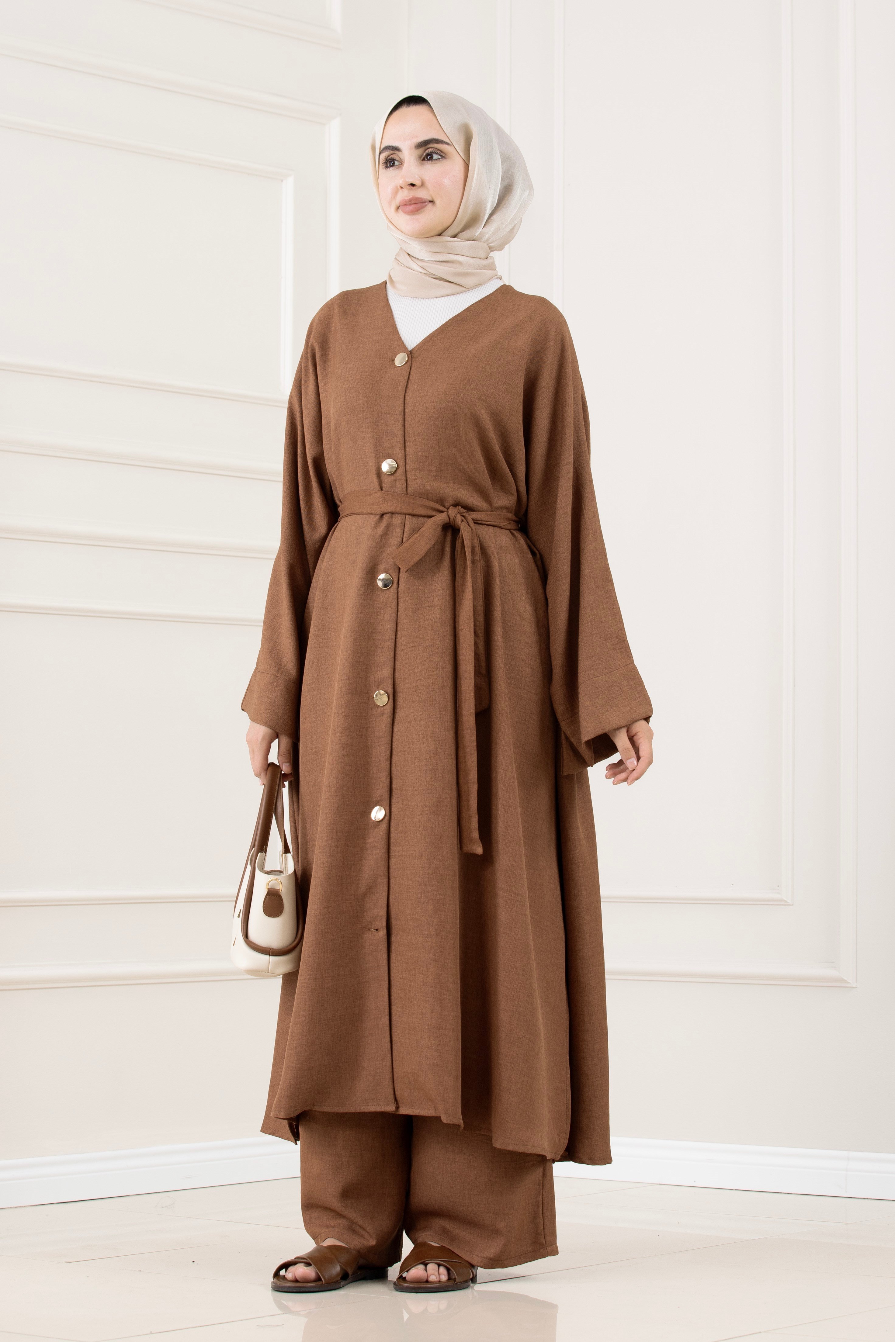 Düğmeli Davin Abaya İkili Takım-KAHVERENGİ