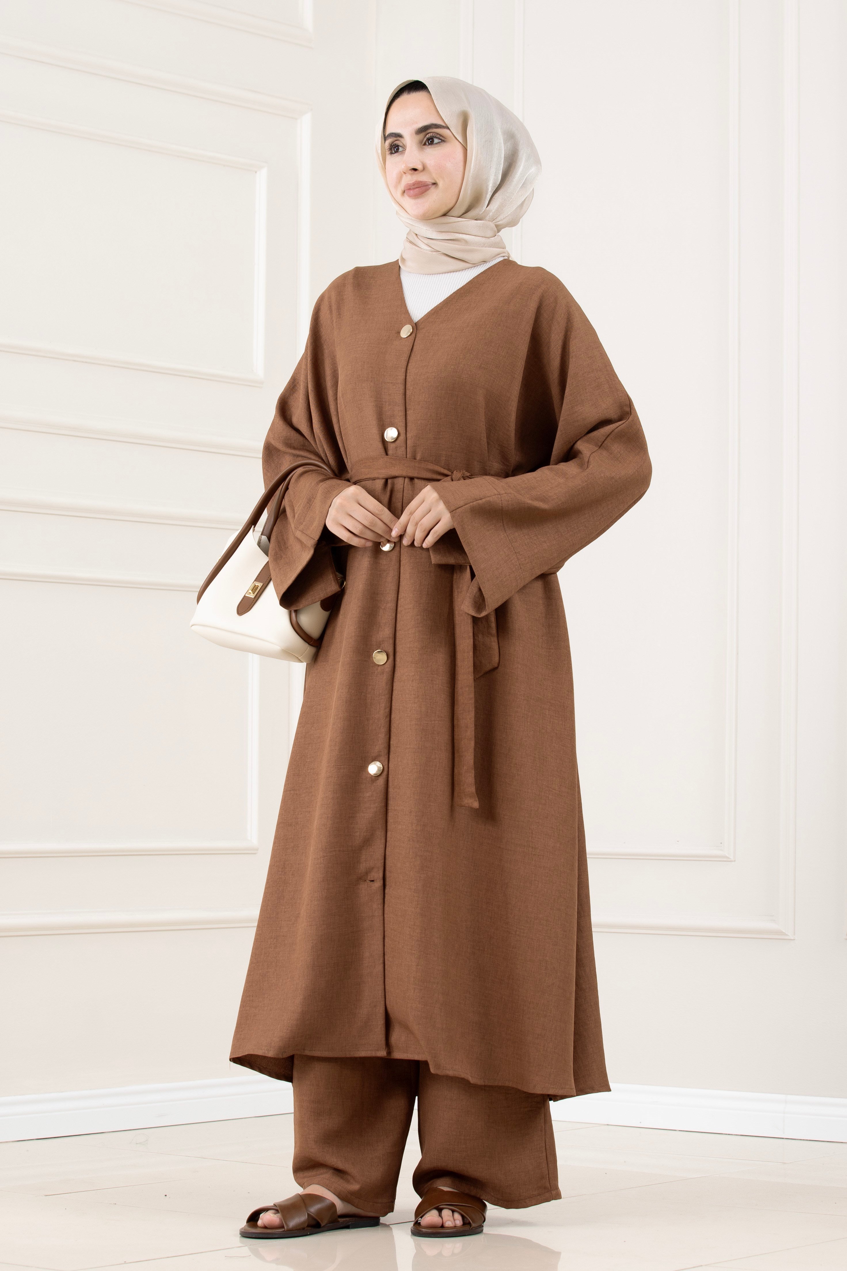 Düğmeli Davin Abaya İkili Takım-KAHVERENGİ