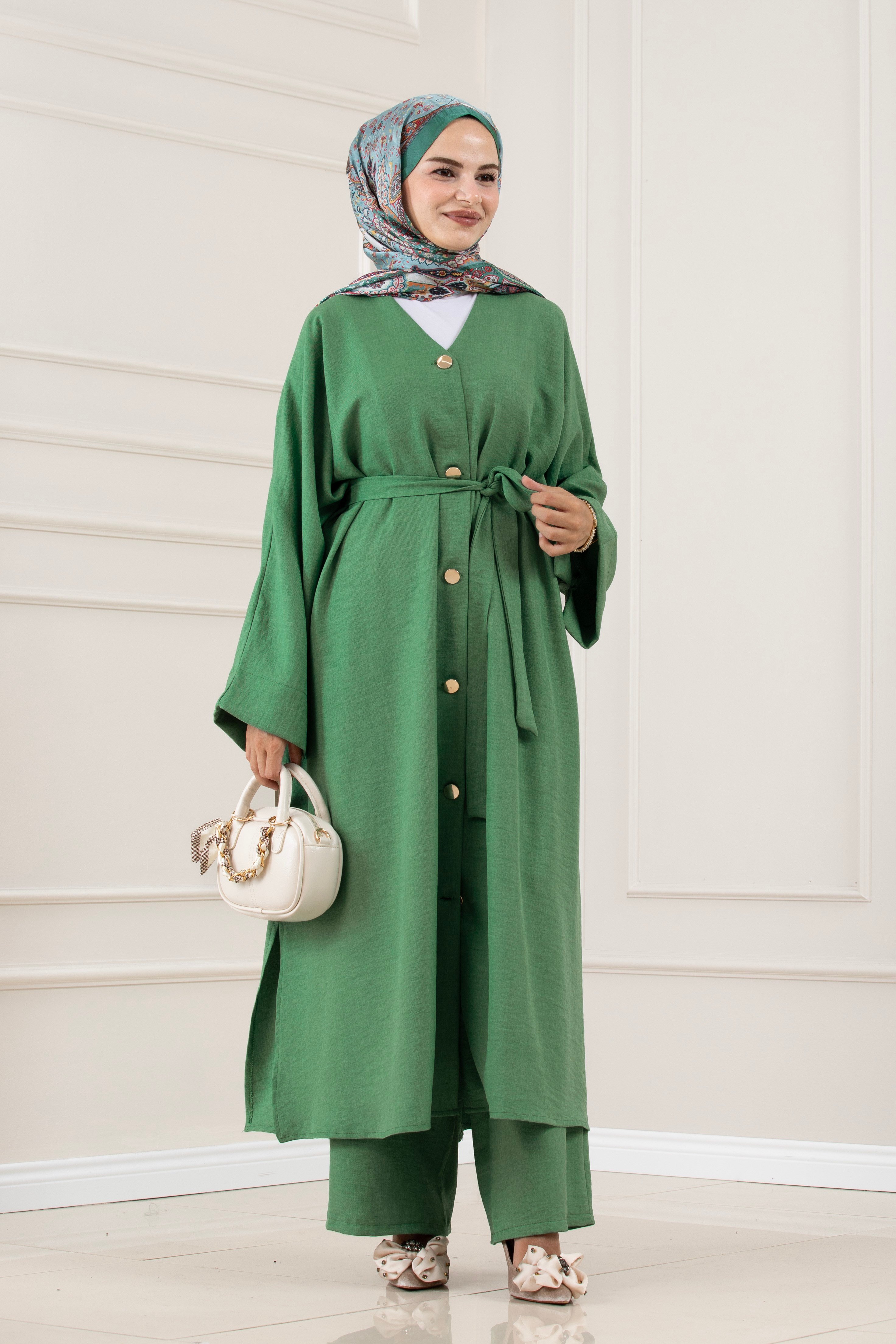 Düğmeli Davin Abaya İkili Takım-YEŞİL