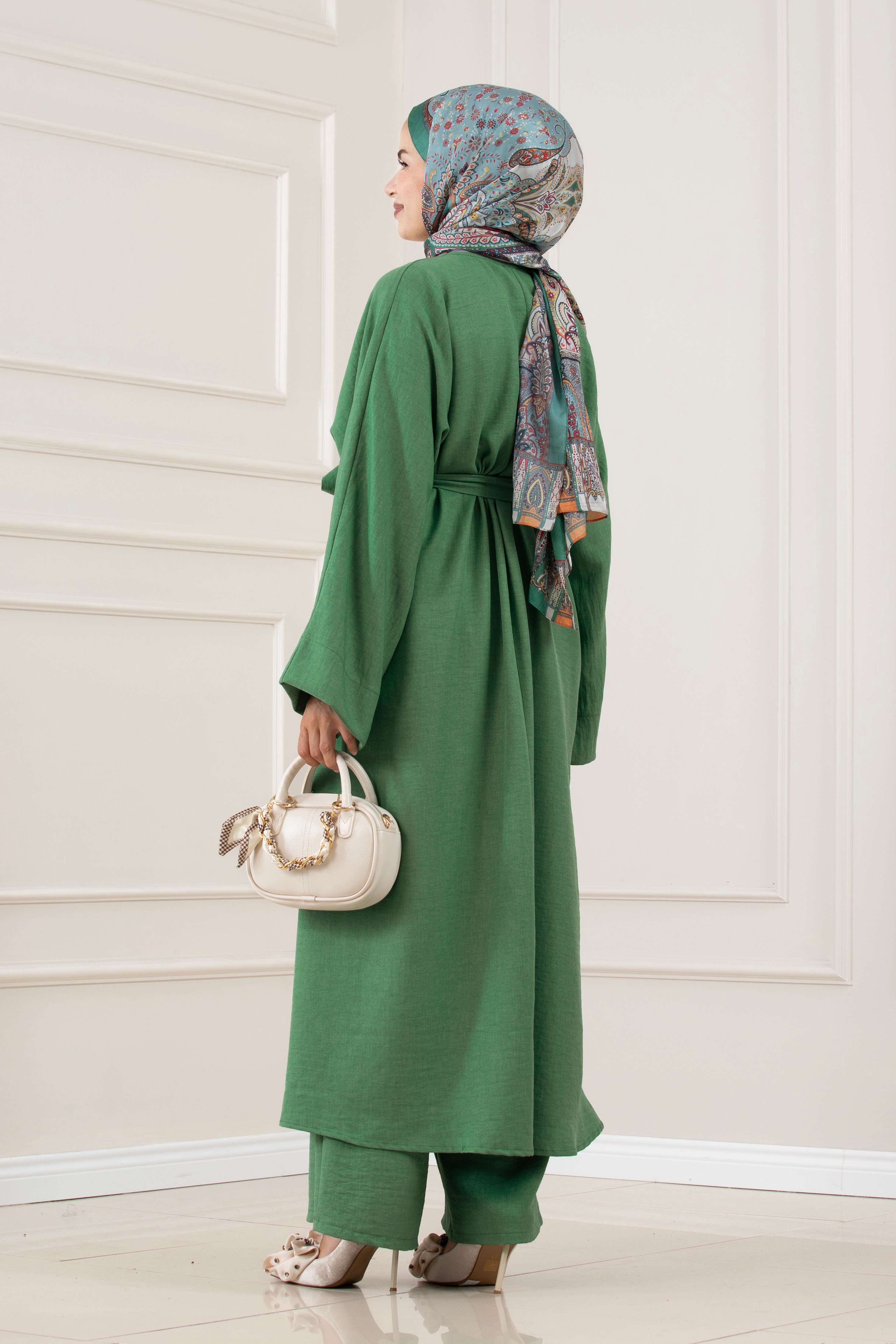 Düğmeli Davin Abaya İkili Takım-YEŞİL