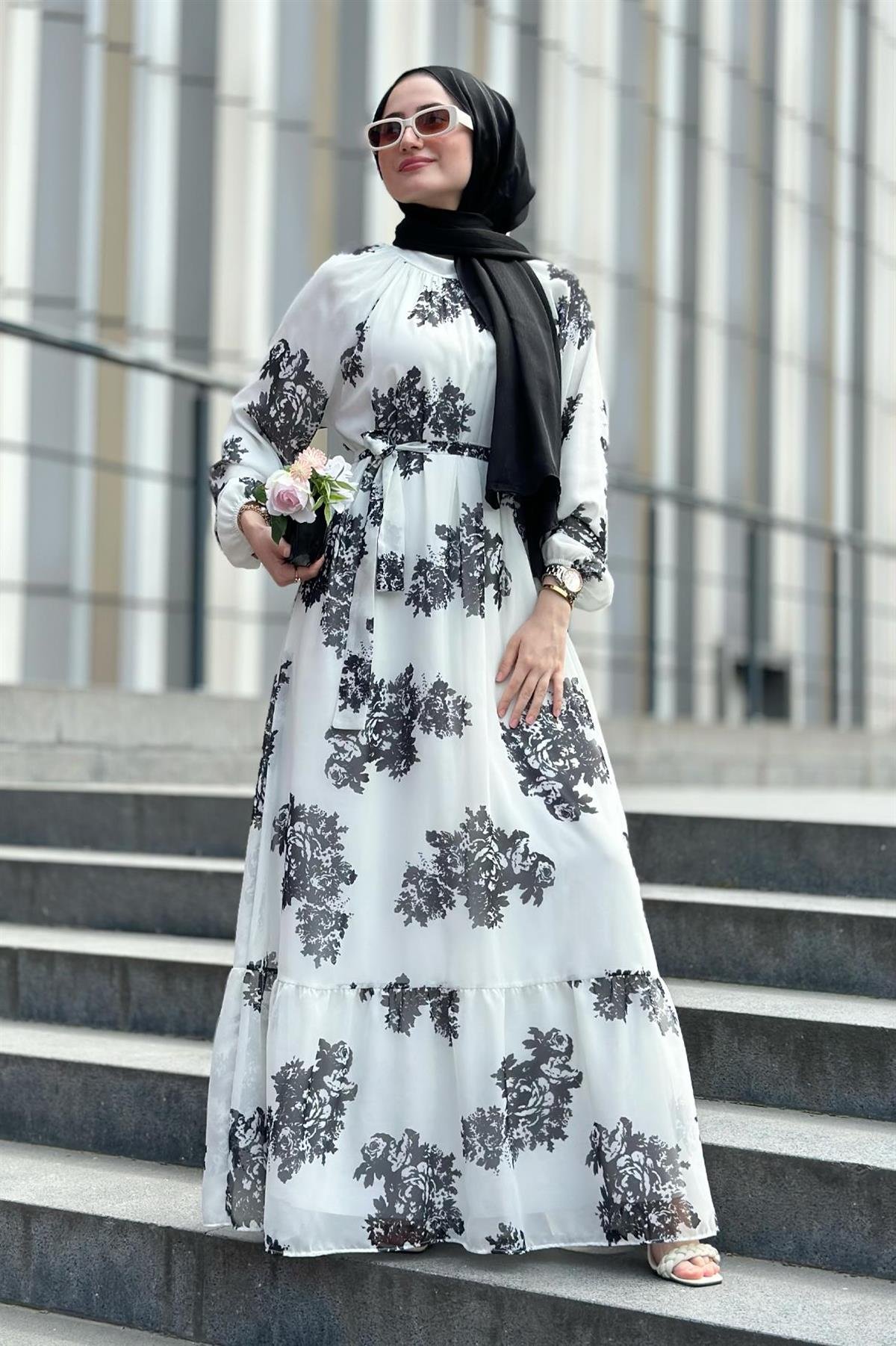 Ebru şifon elbise-Siyah