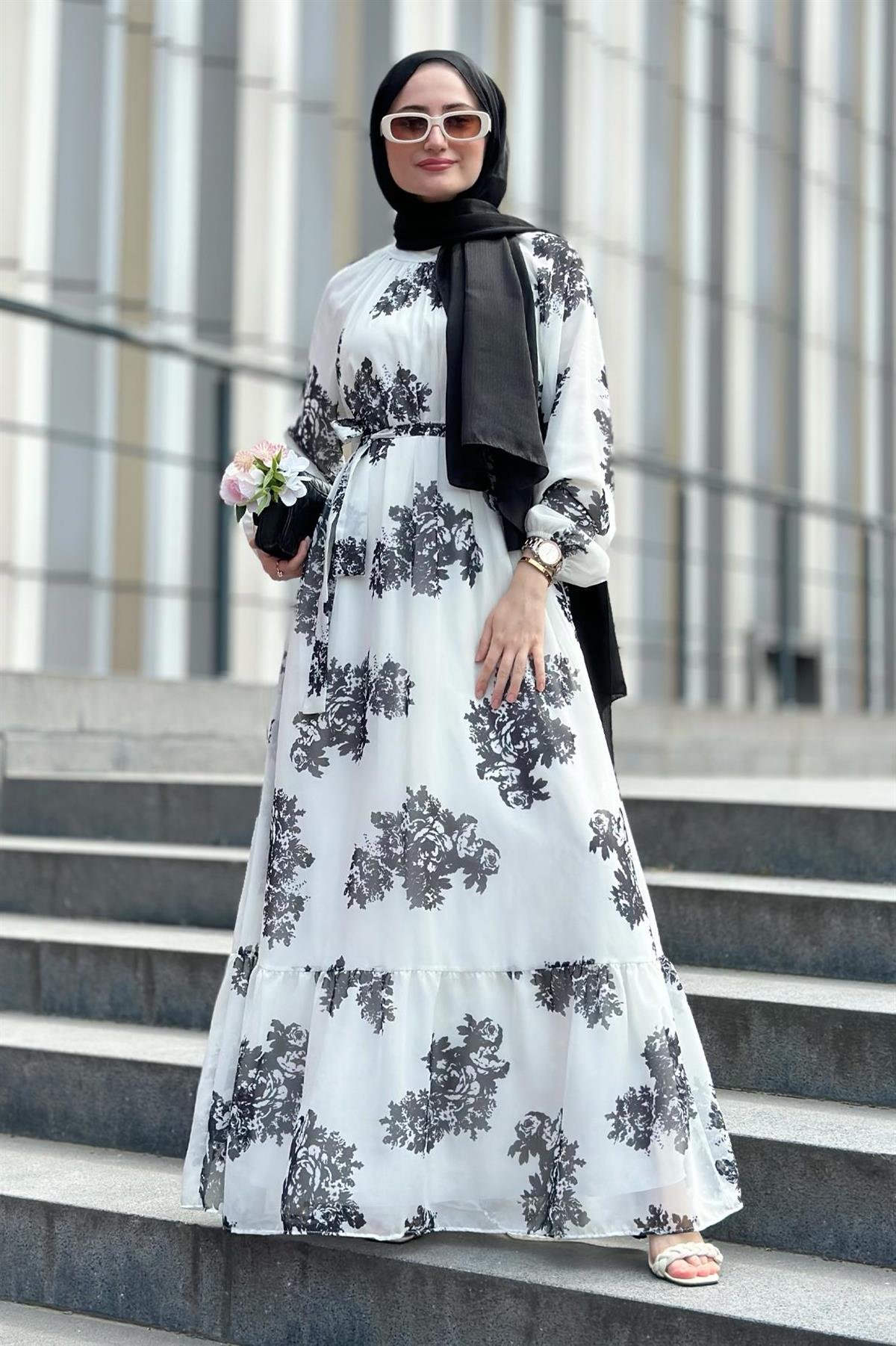 Ebru şifon elbise-Siyah