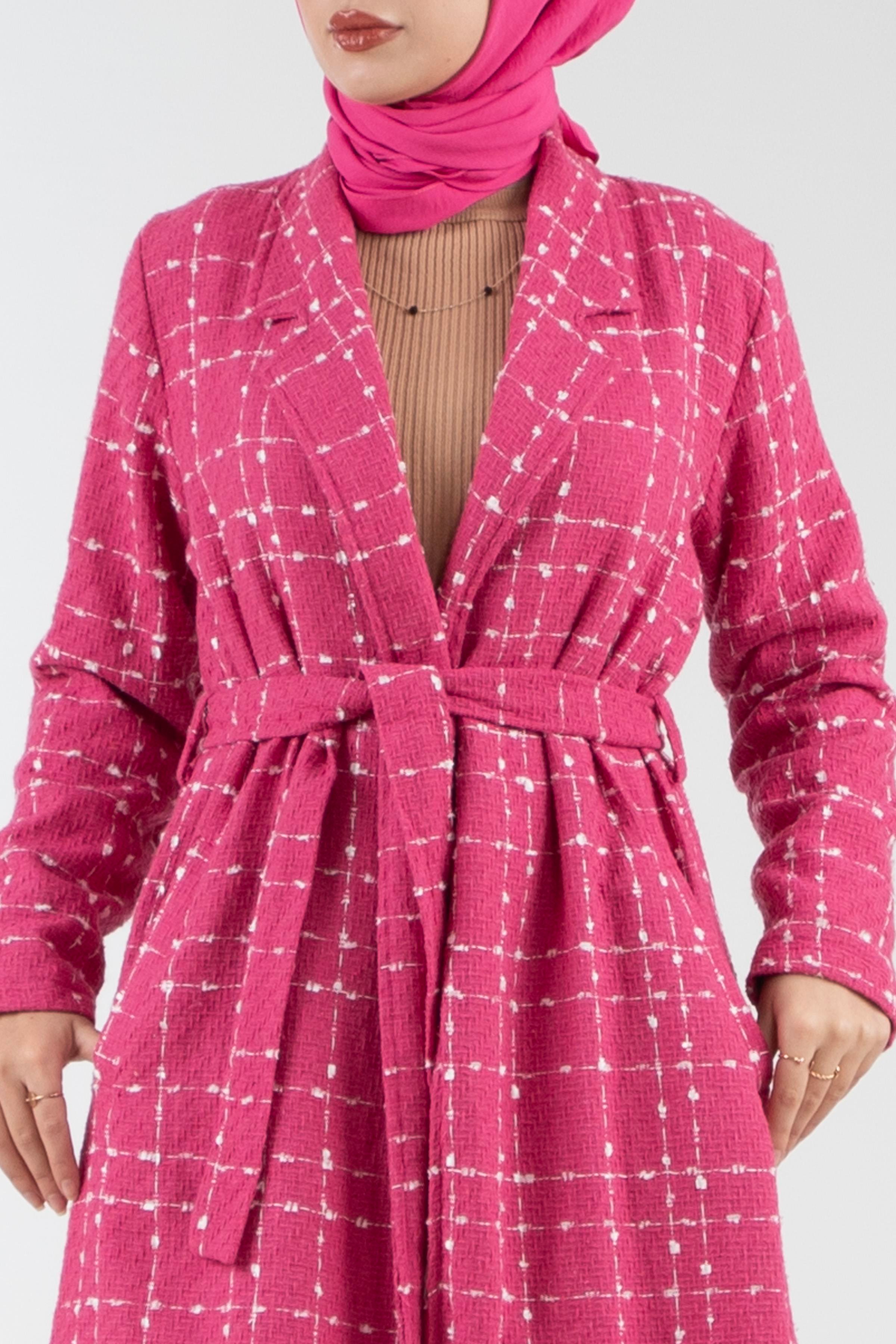 Ekoseli Şanel Kaşe Kaban-Pembe