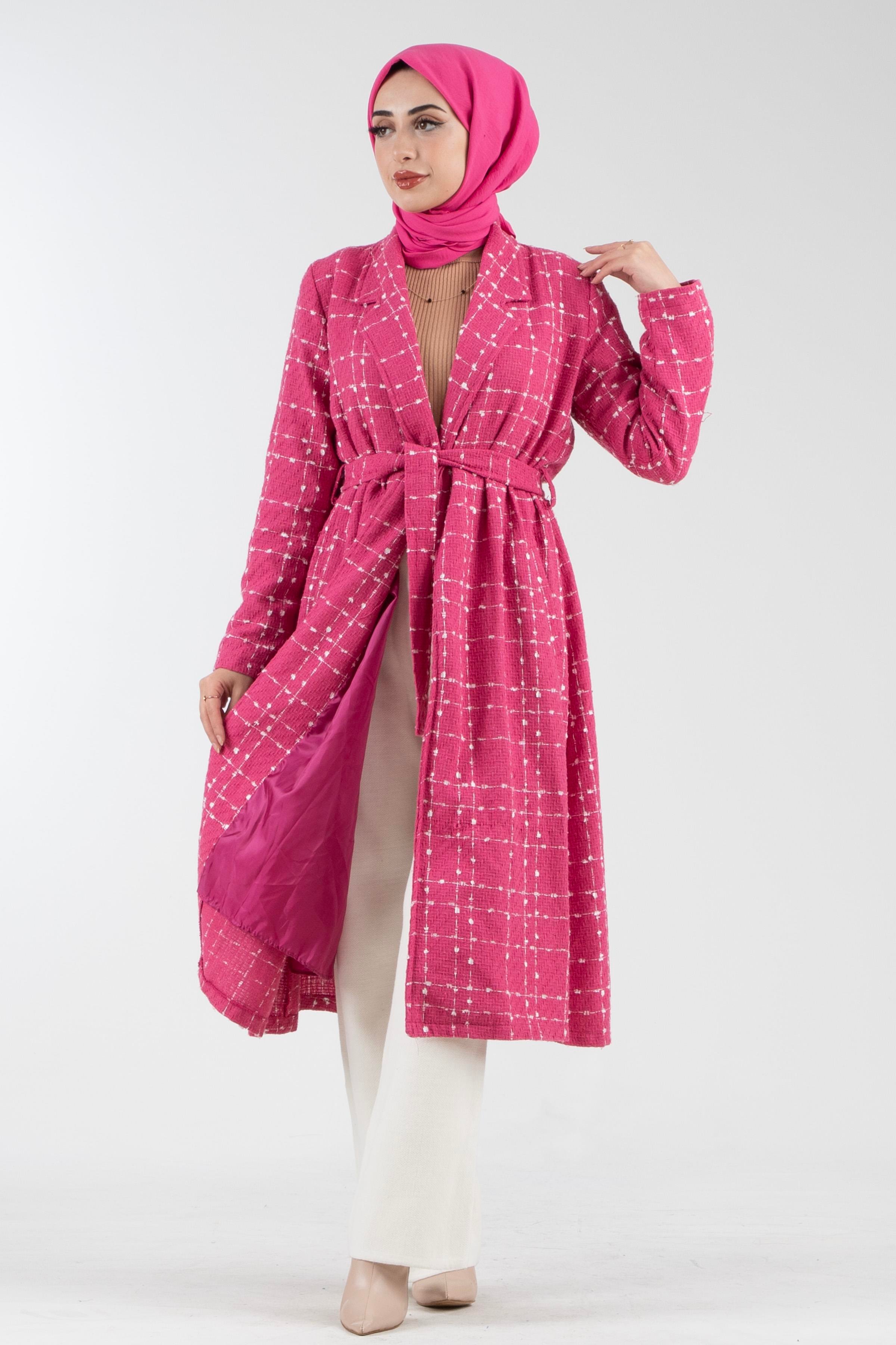 Ekoseli Şanel Kaşe Kaban-Pembe
