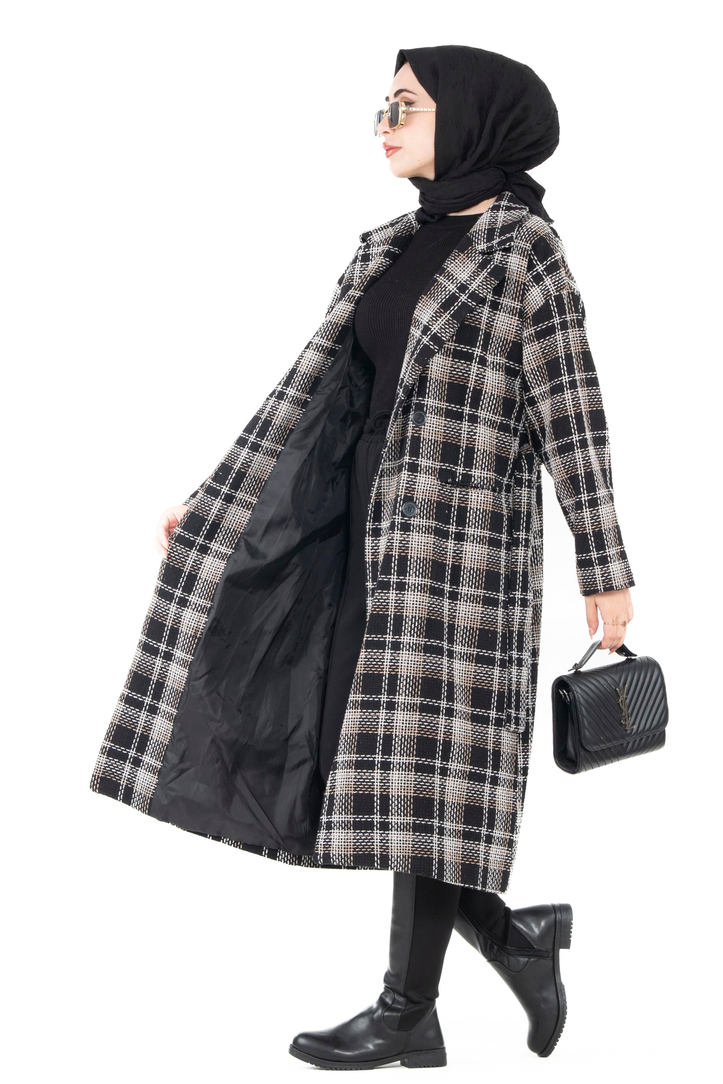 Plaid Tweed Coat-Black Grey