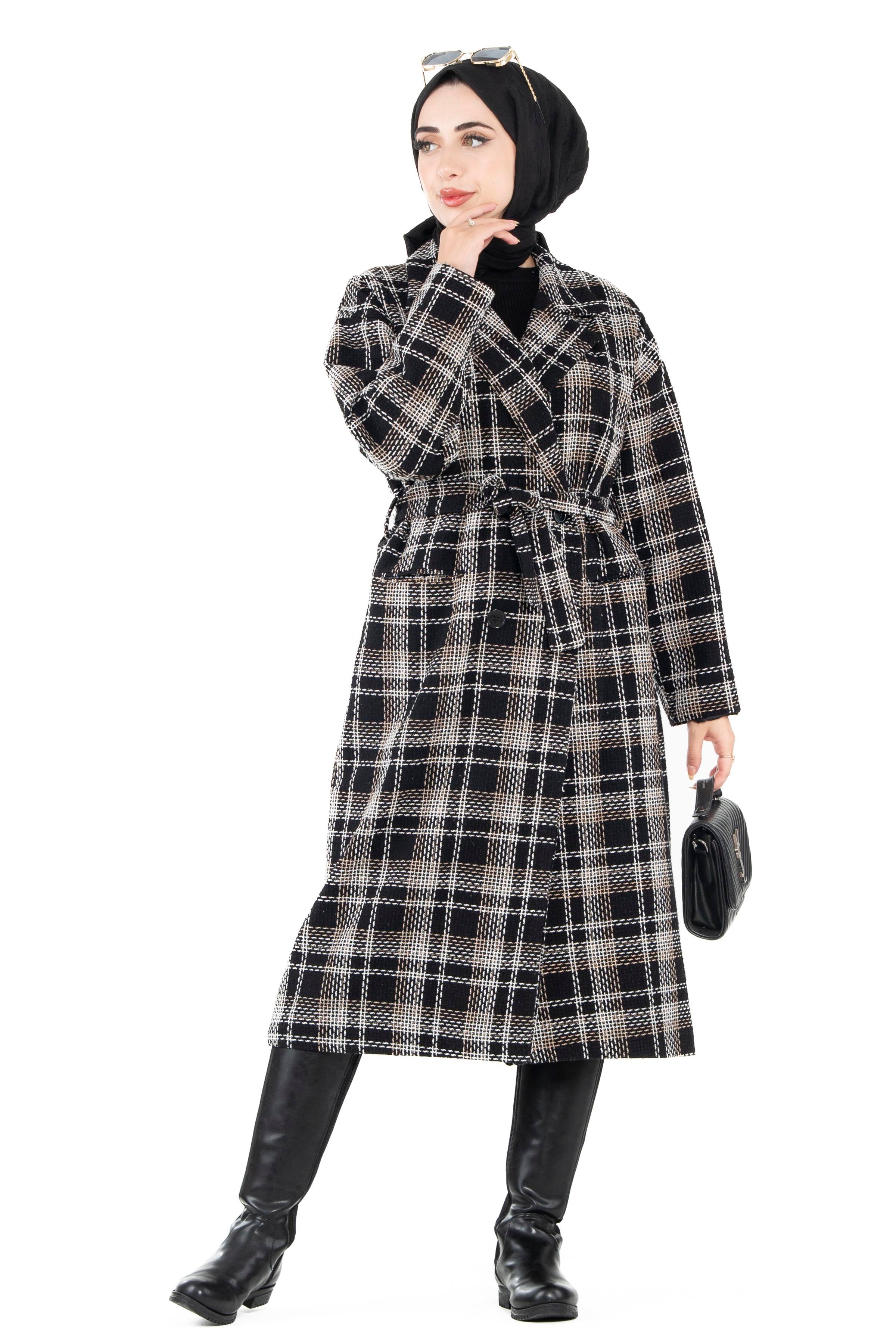 Plaid Tweed Coat-Black Grey