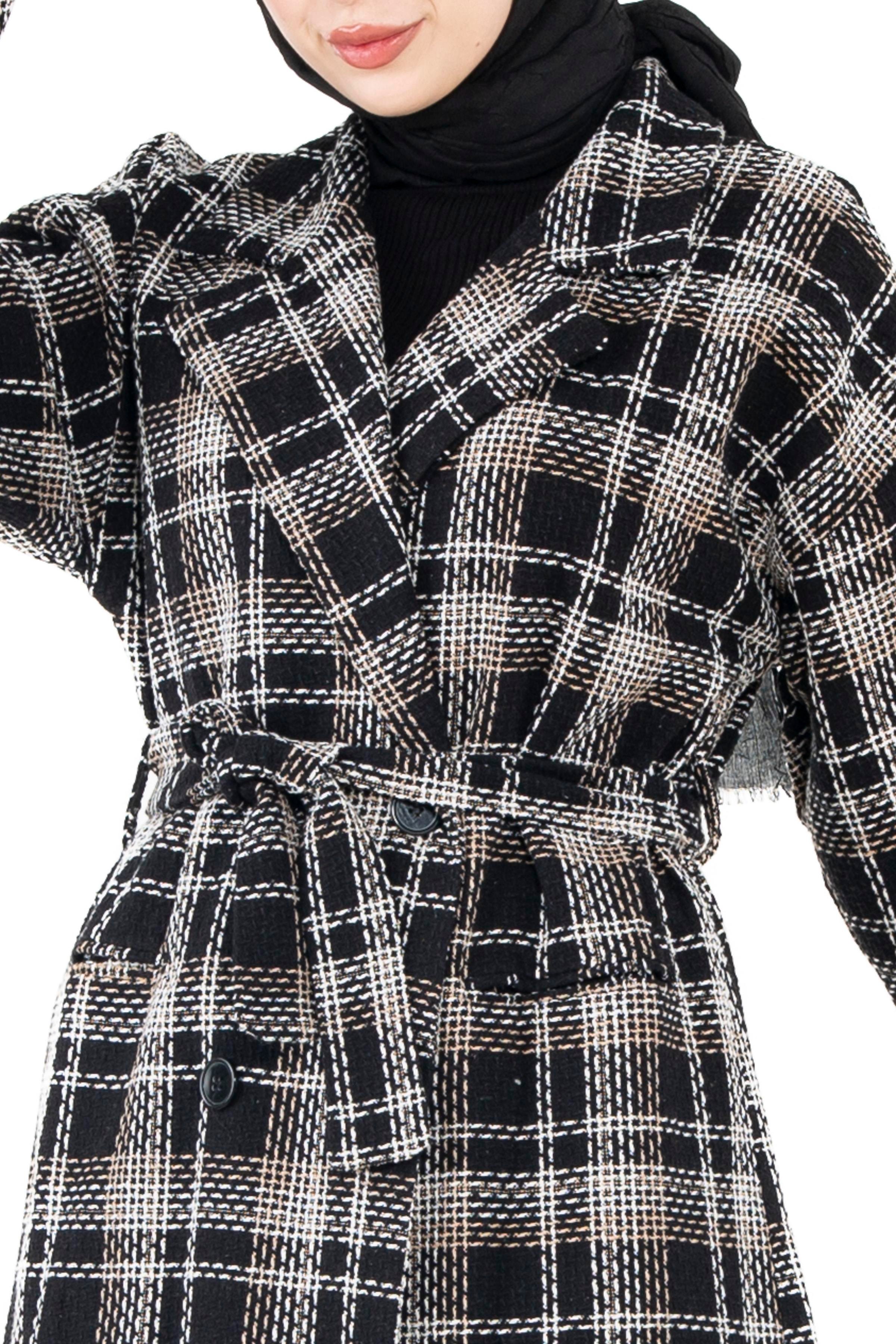 Plaid Tweed Coat-Black Grey