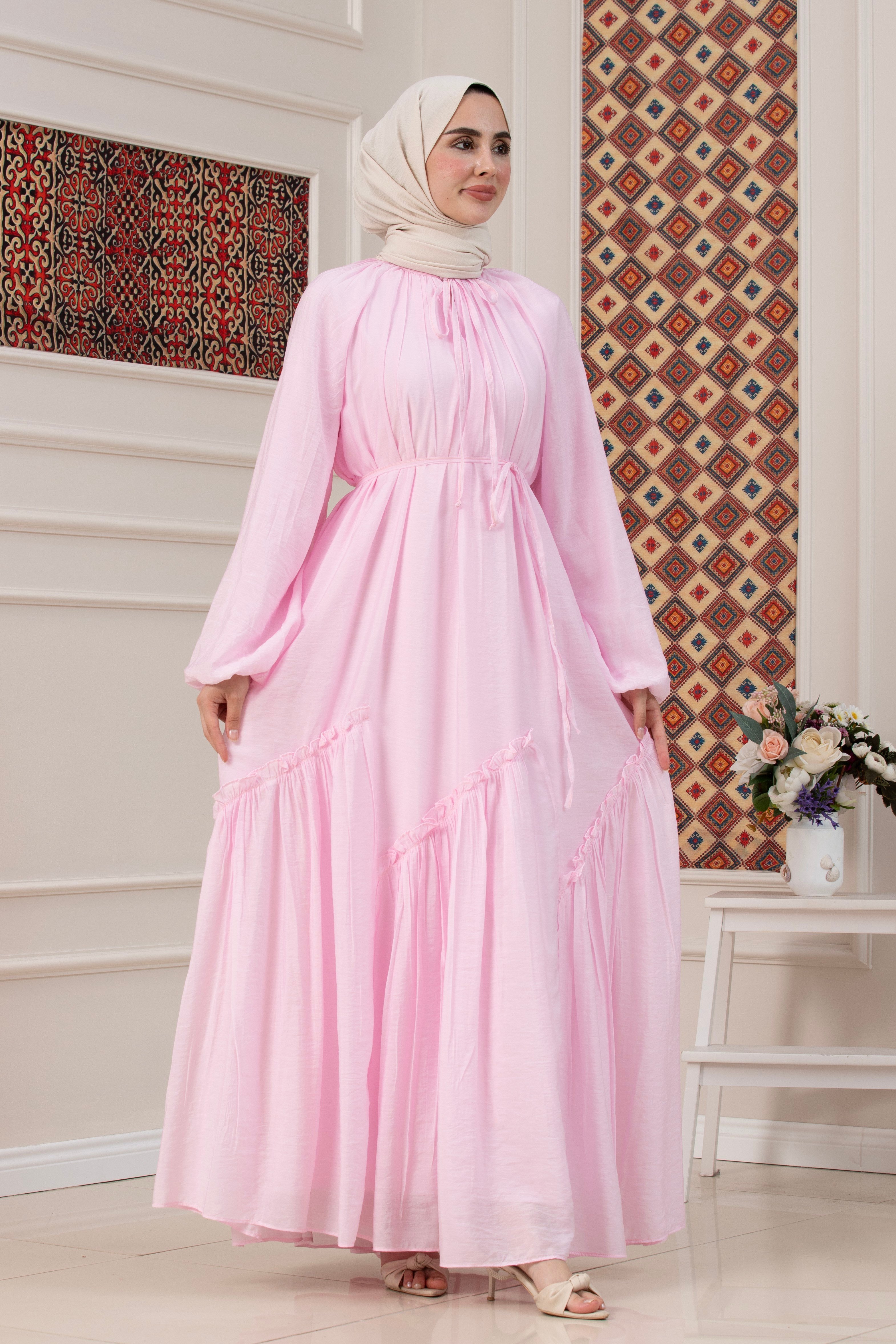 Eteği Pileli Tesettür Elbise-PEMBE