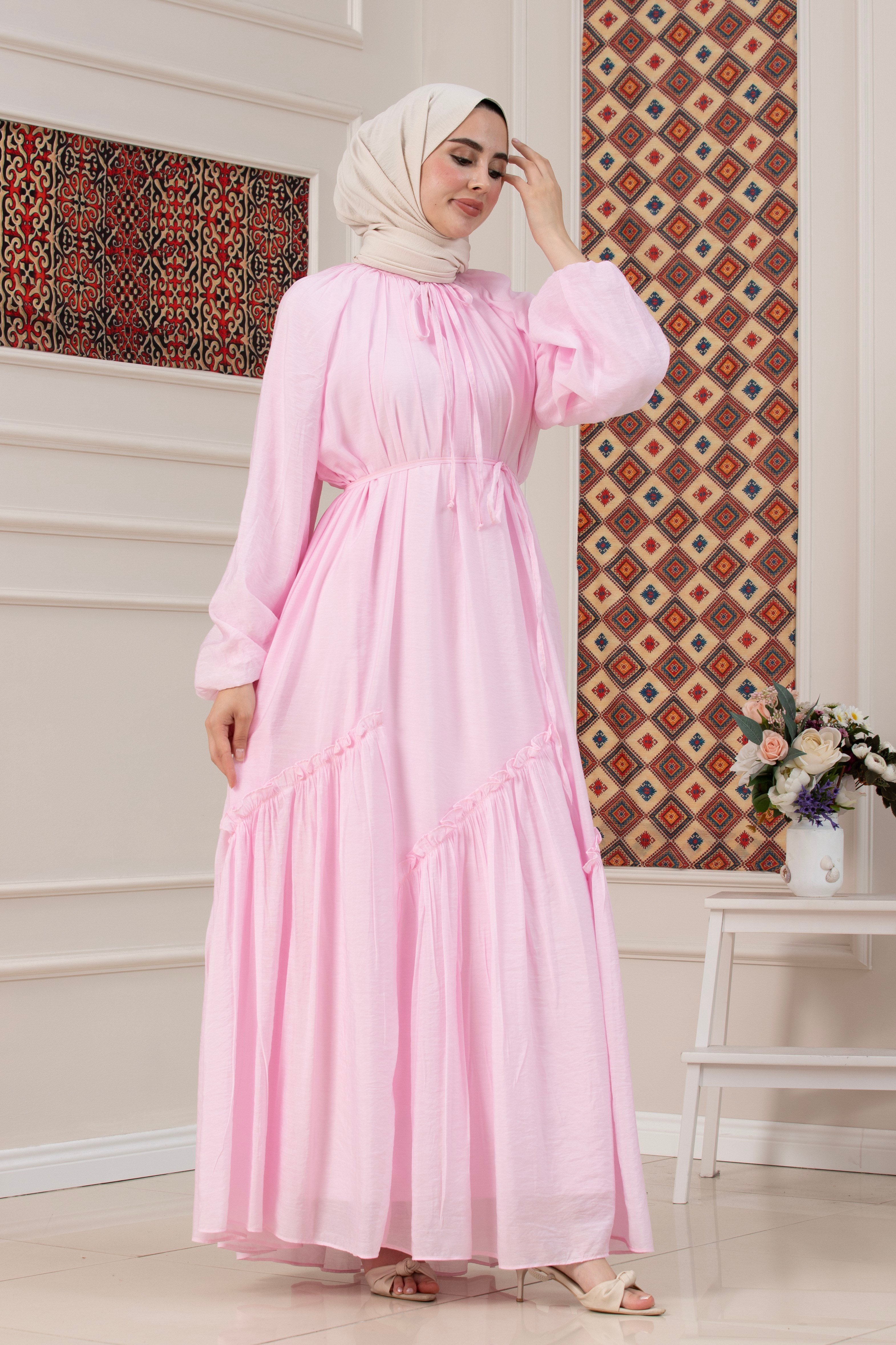 Eteği Pileli Tesettür Elbise-PEMBE
