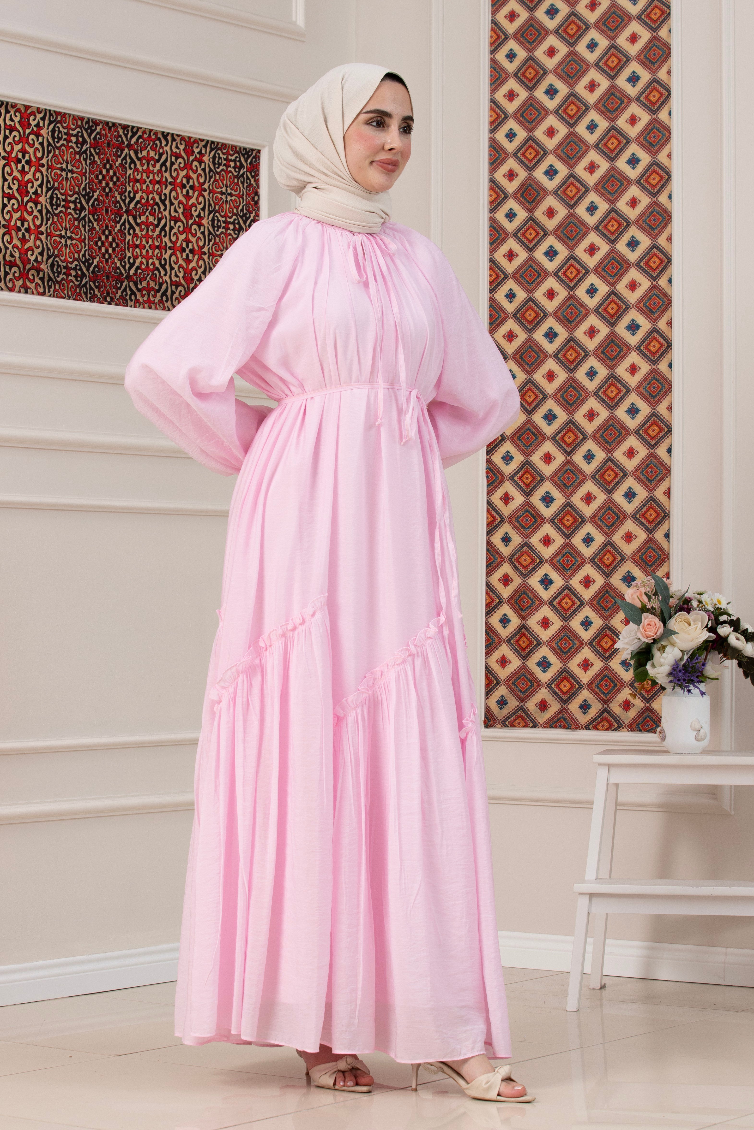 Eteği Pileli Tesettür Elbise-PEMBE