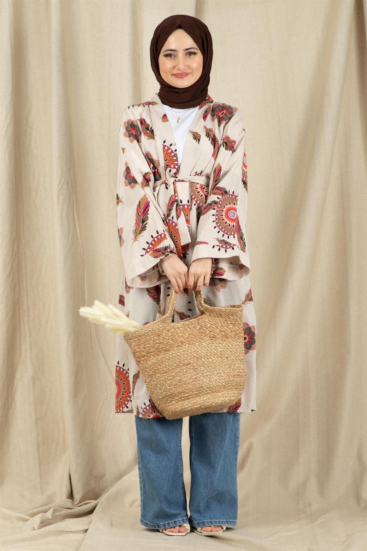 Etnik Desenli Kimono-Fuşya