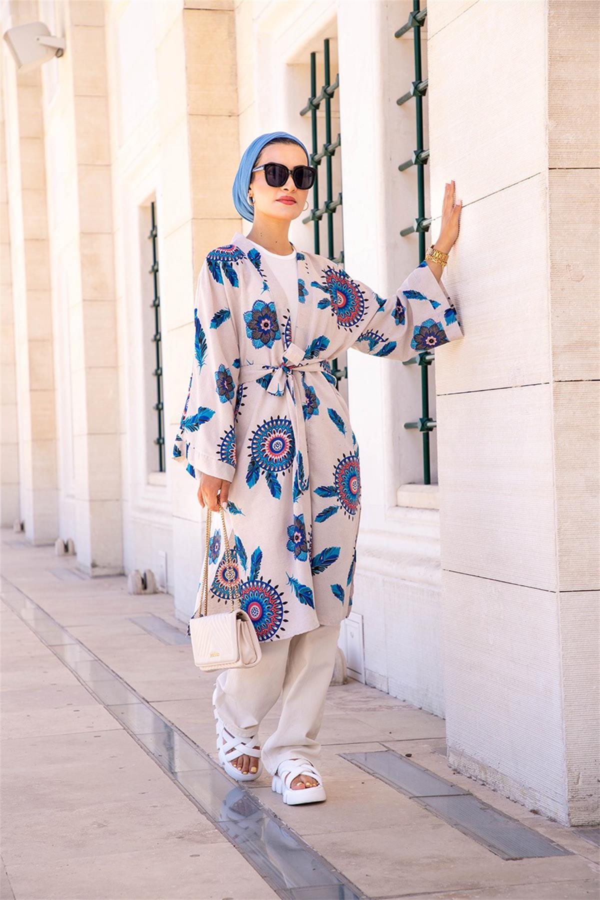 Etnik Desenli  Kimono-Mavi