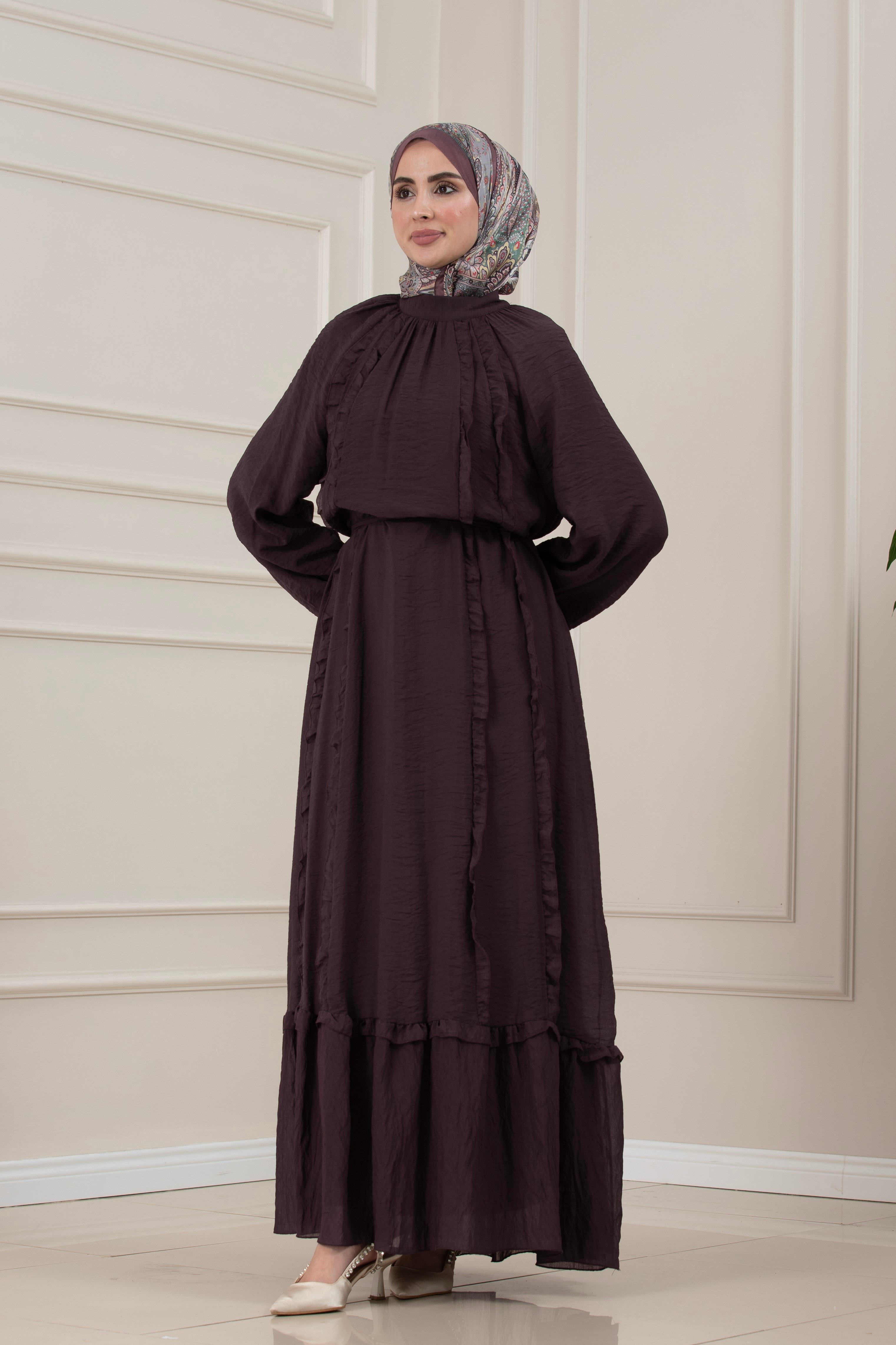 Fırfır Detaylı Kuşaklı Eylül Elbise-MÜRDÜM