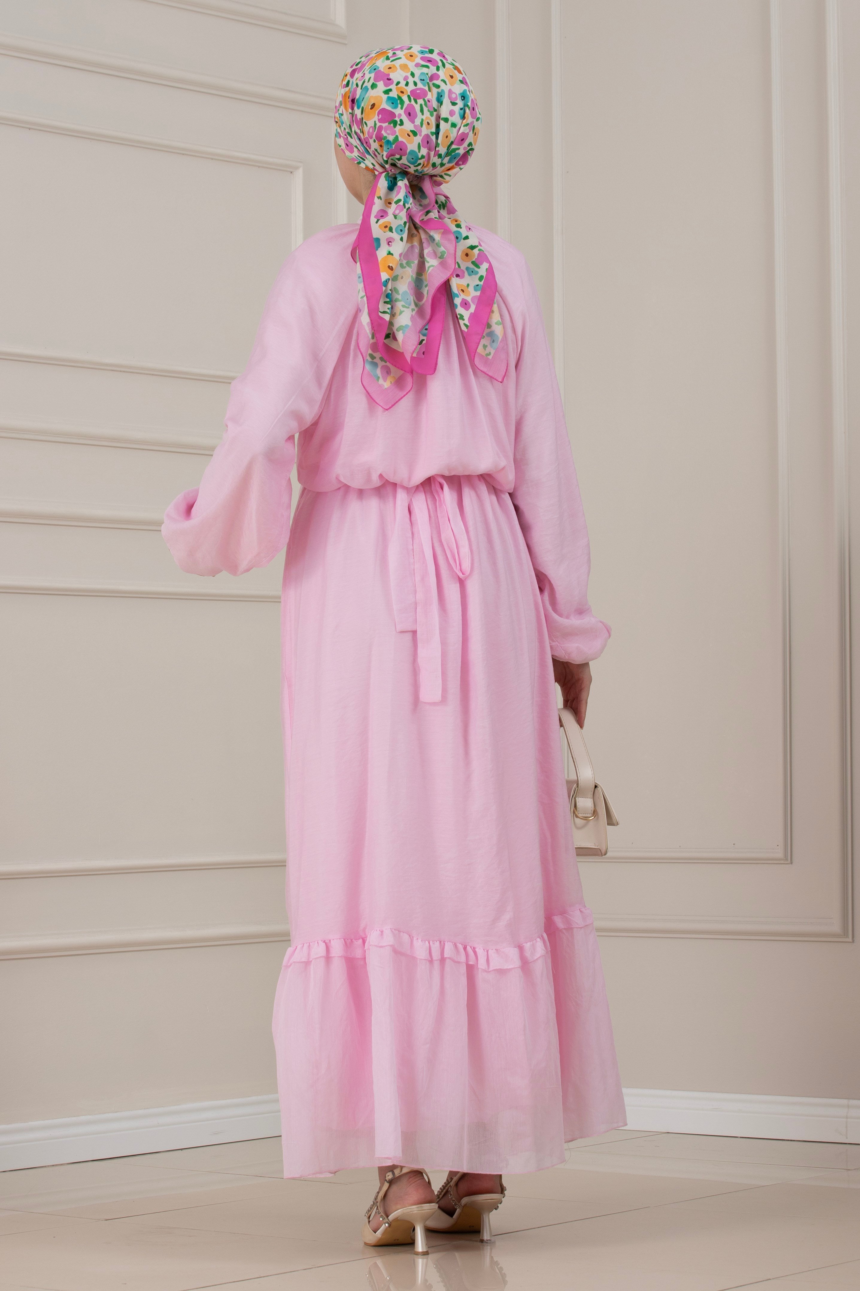 Fırfır Detaylı Kuşaklı Eylül Elbise-PEMBE
