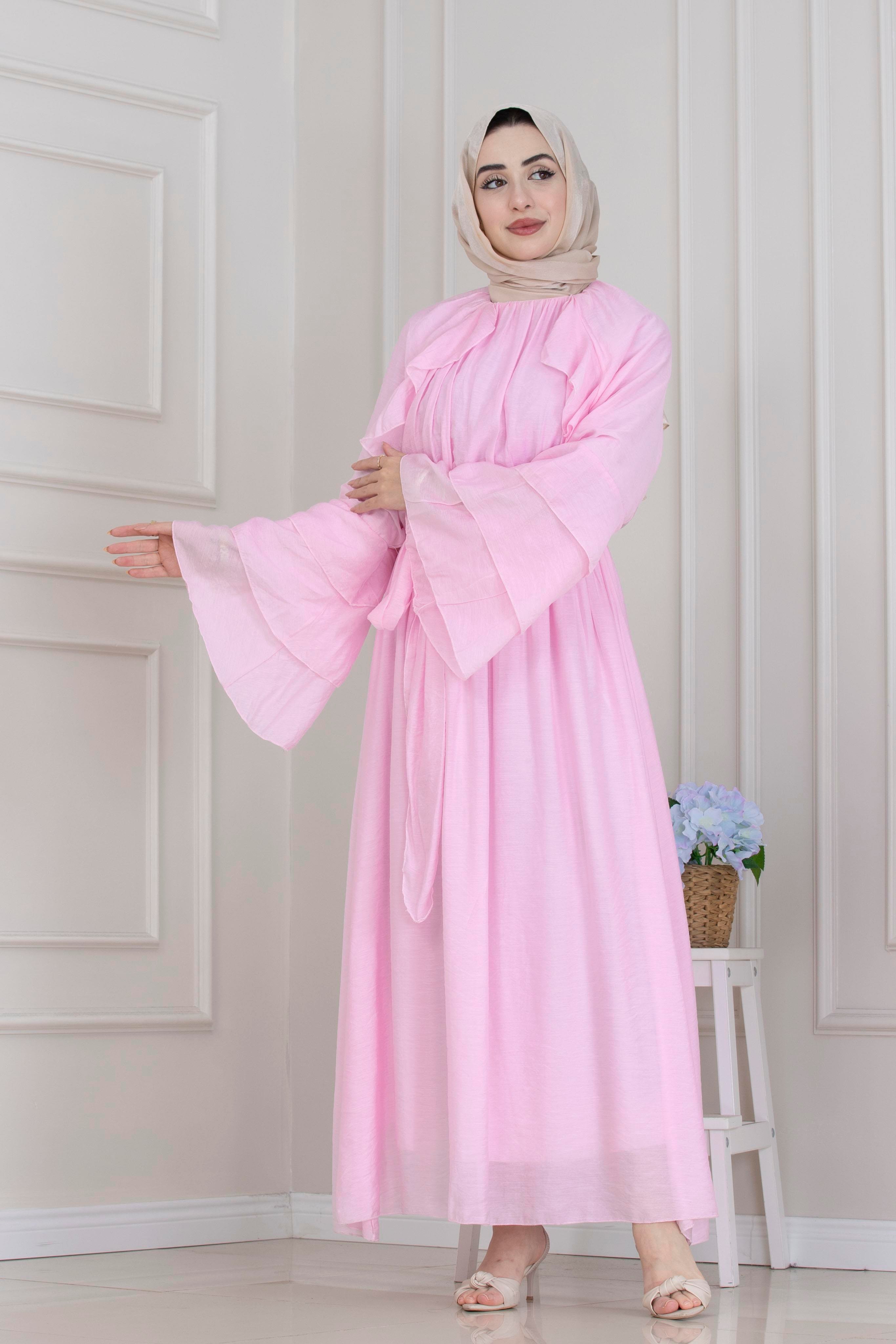 Fırfır Detaylı Lora Elbise-Pembe