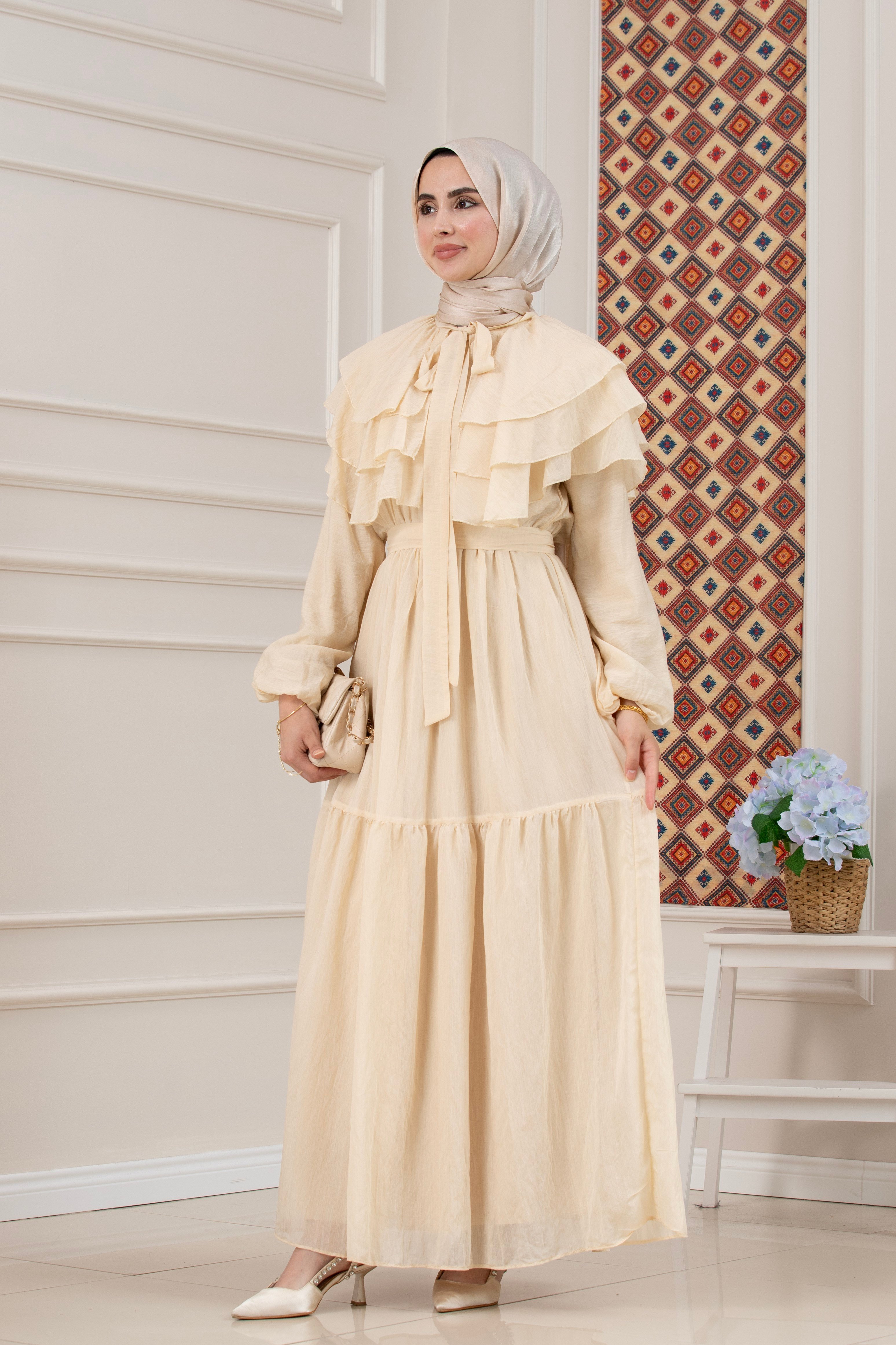 Fırfır Detaylı Roza Tesettür Elbise-BEJ