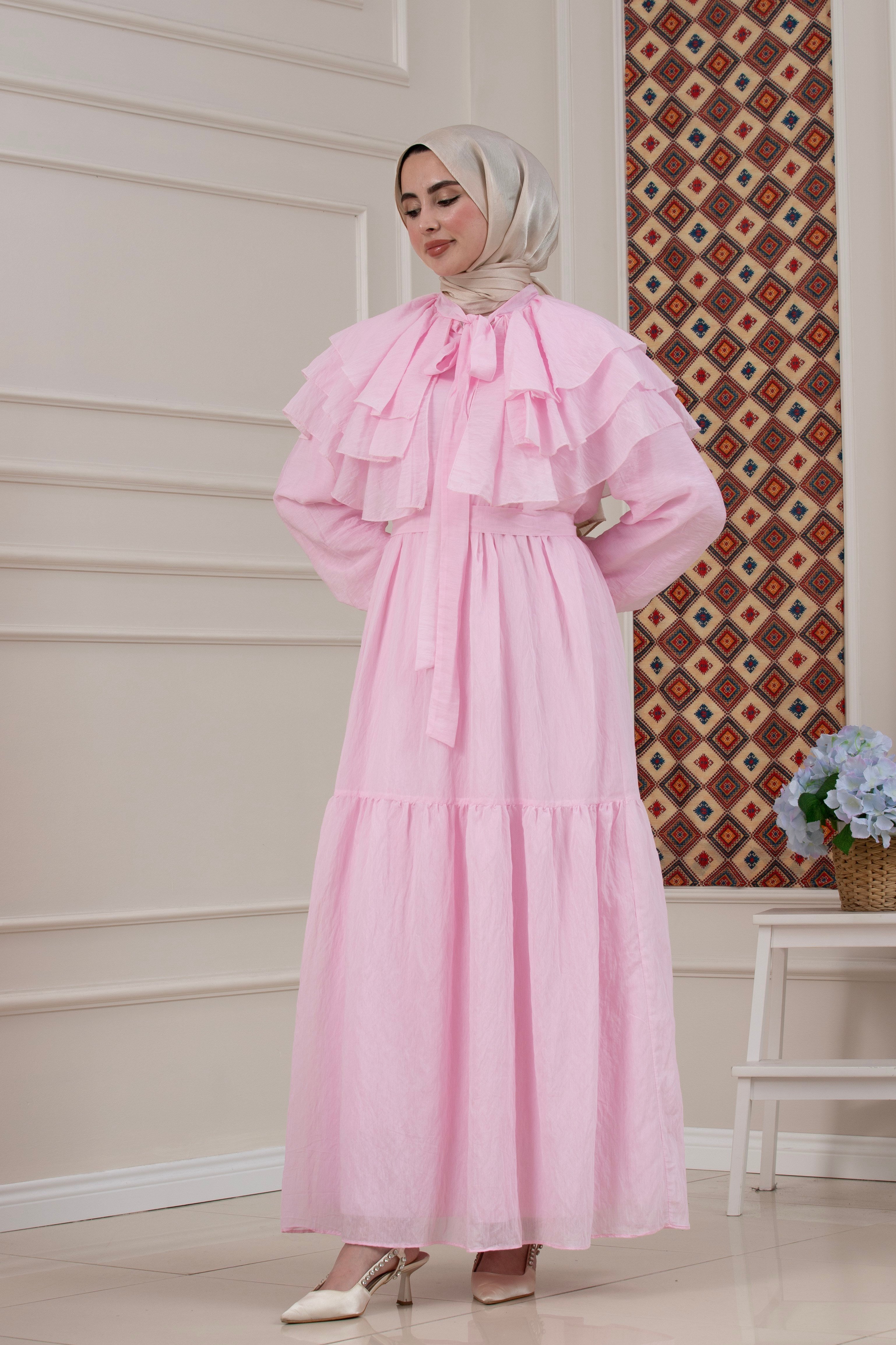 Fırfır Detaylı Roza Tesettür Elbise-PEMBE