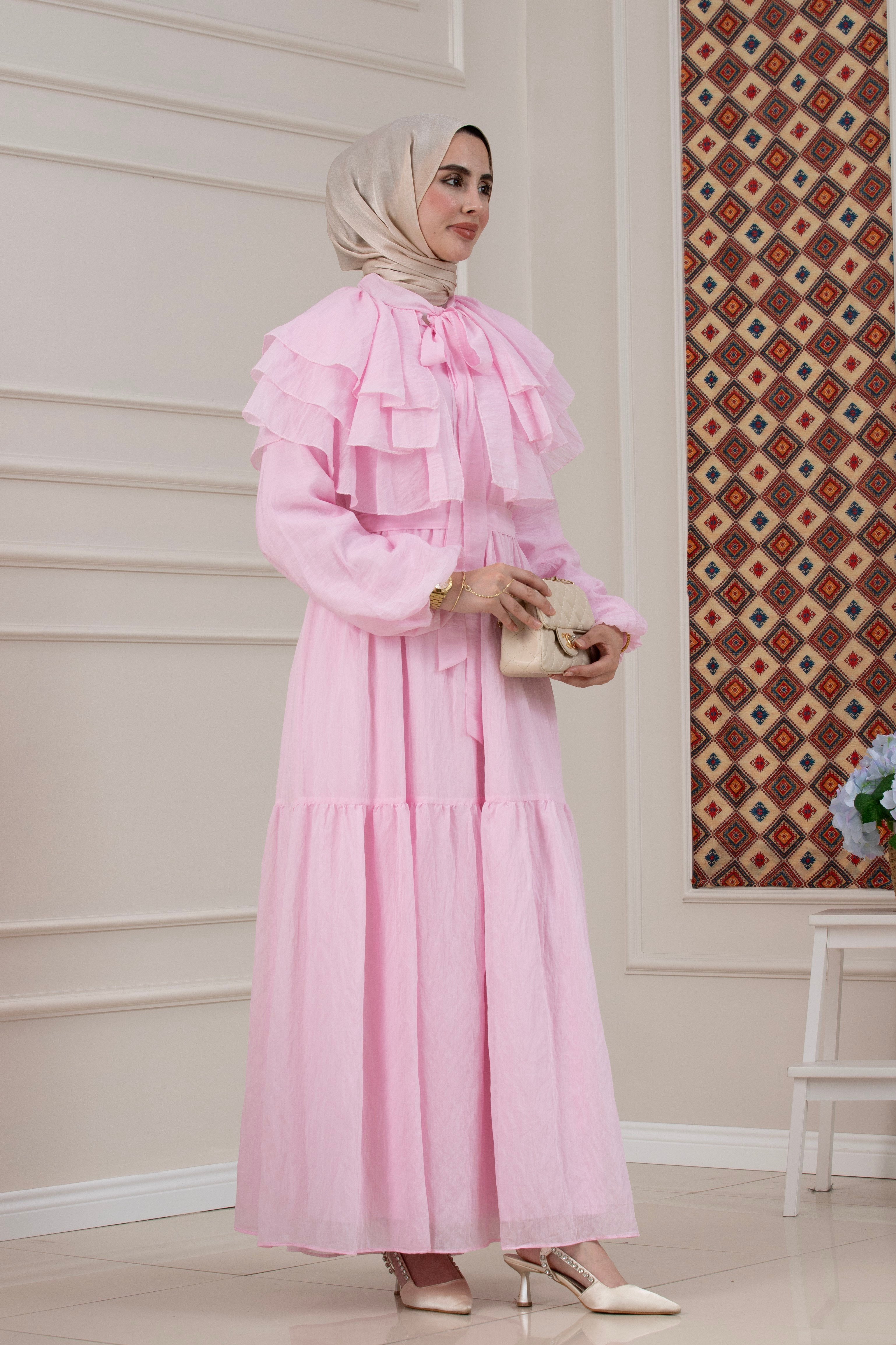 Fırfır Detaylı Roza Tesettür Elbise-PEMBE