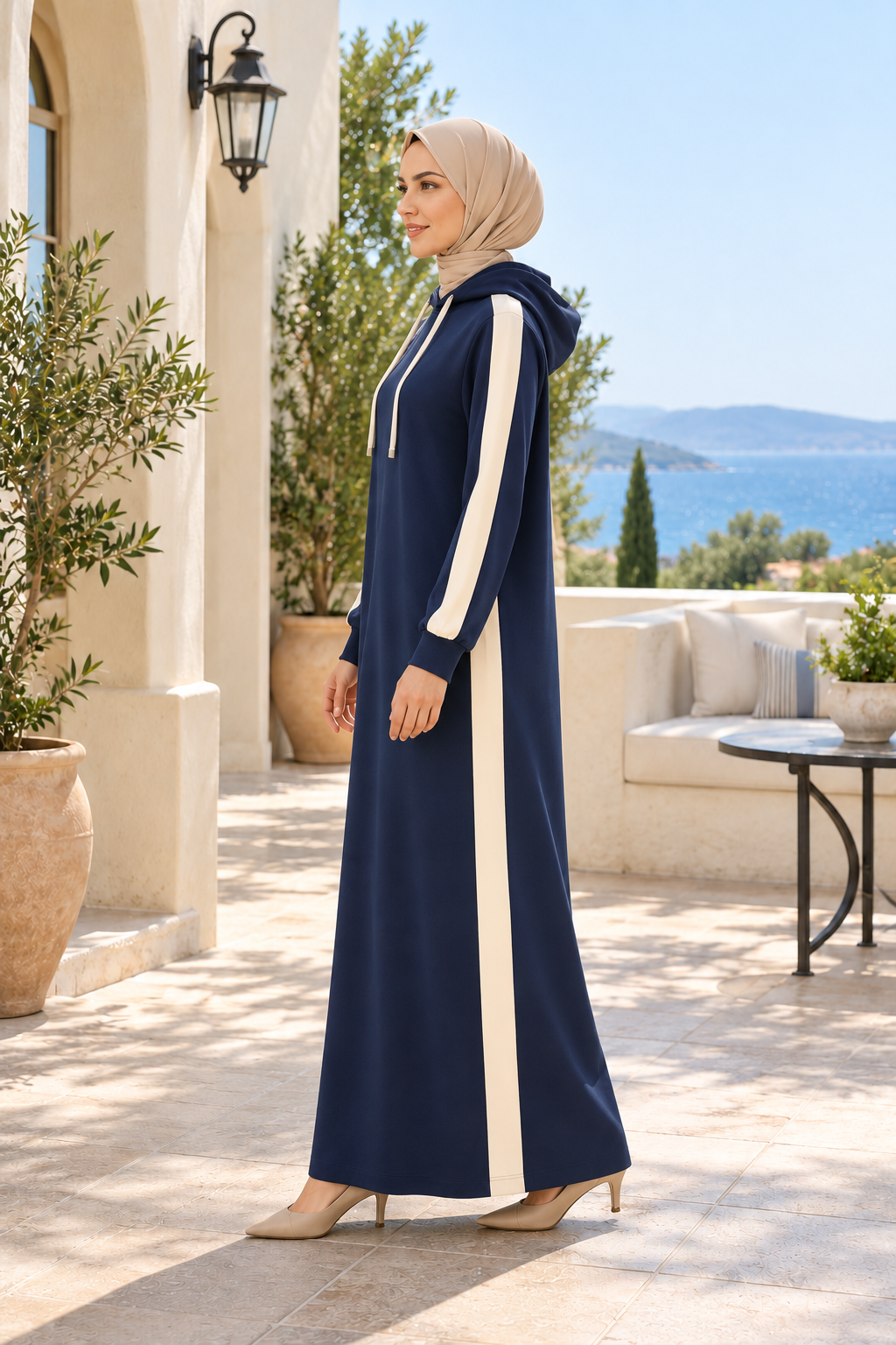 GARNİ DETAYLI KAPÜŞONLU ELBİSE-LACİVERT