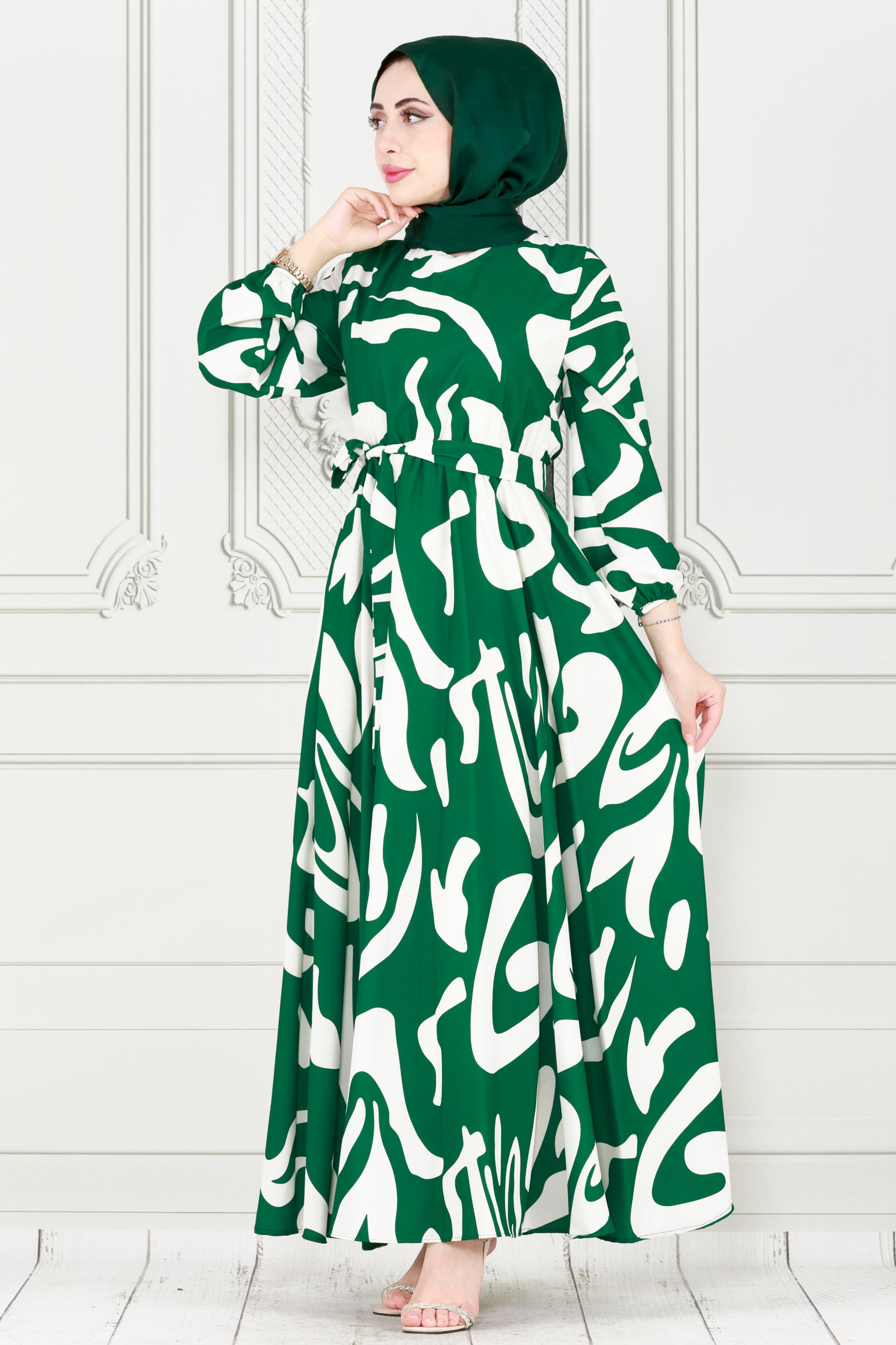 Geometrik Desenli elbise-Benetton Yeşili