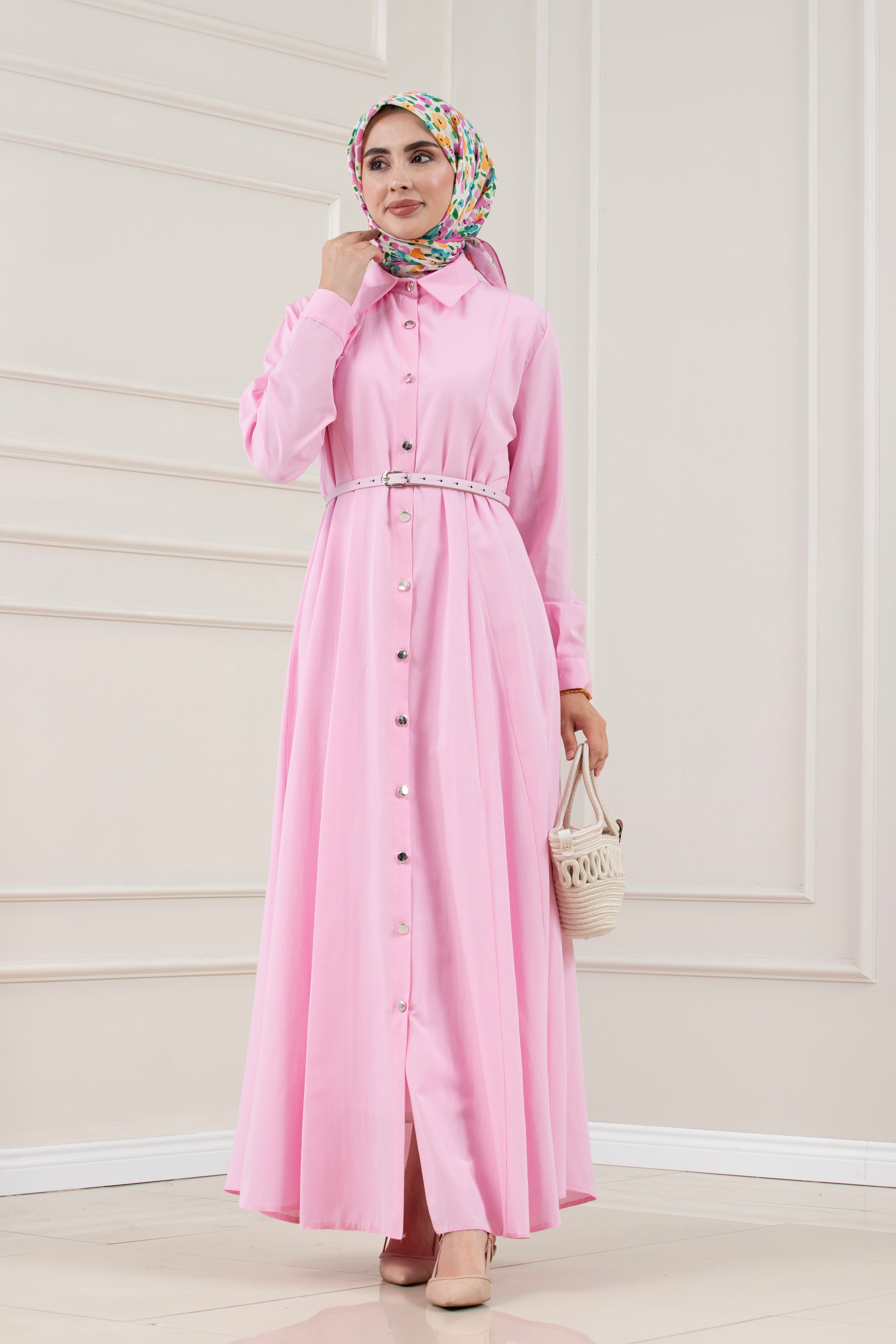 Gömlek Yaka Kemerli Berra Elbise-PEMBE