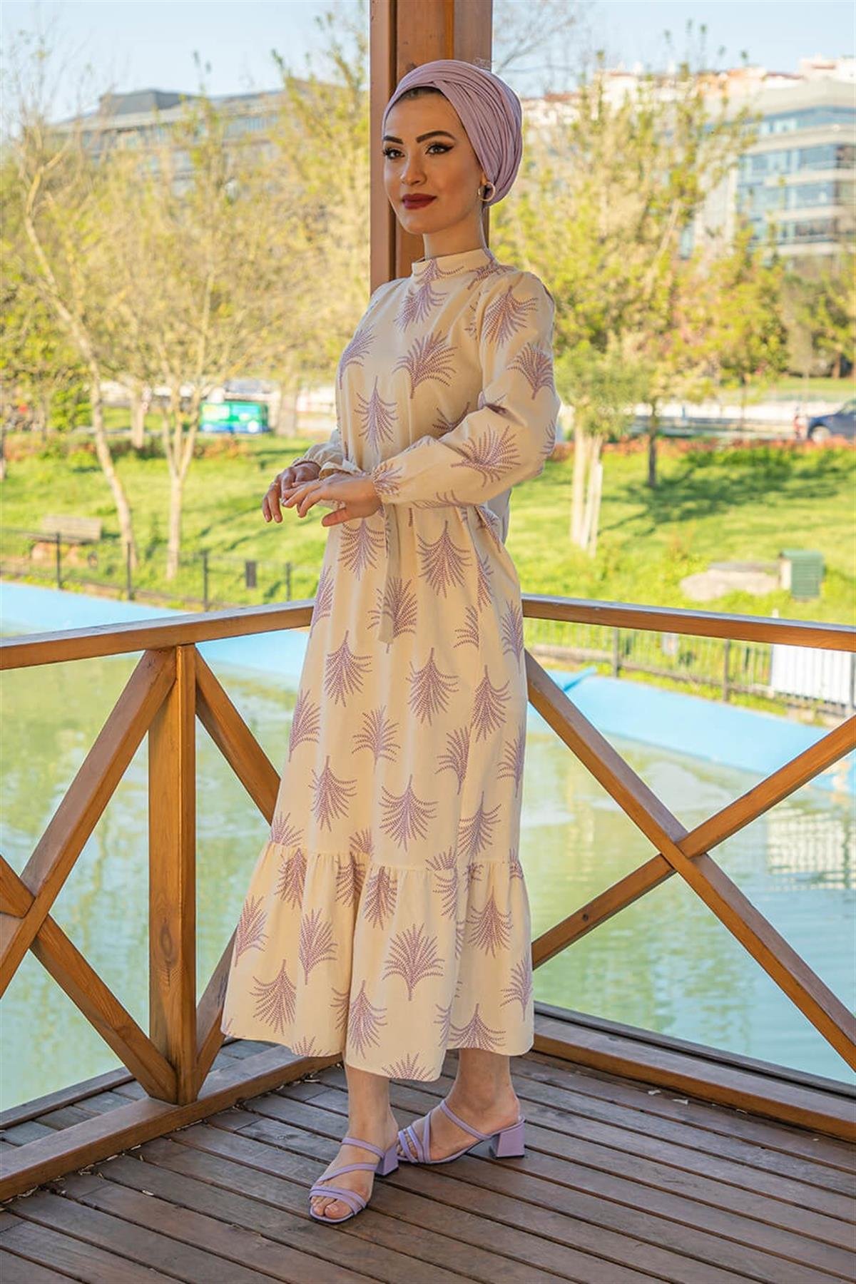 Keten Desenli Önden Bağlamalı Uzun-Lila Elbise