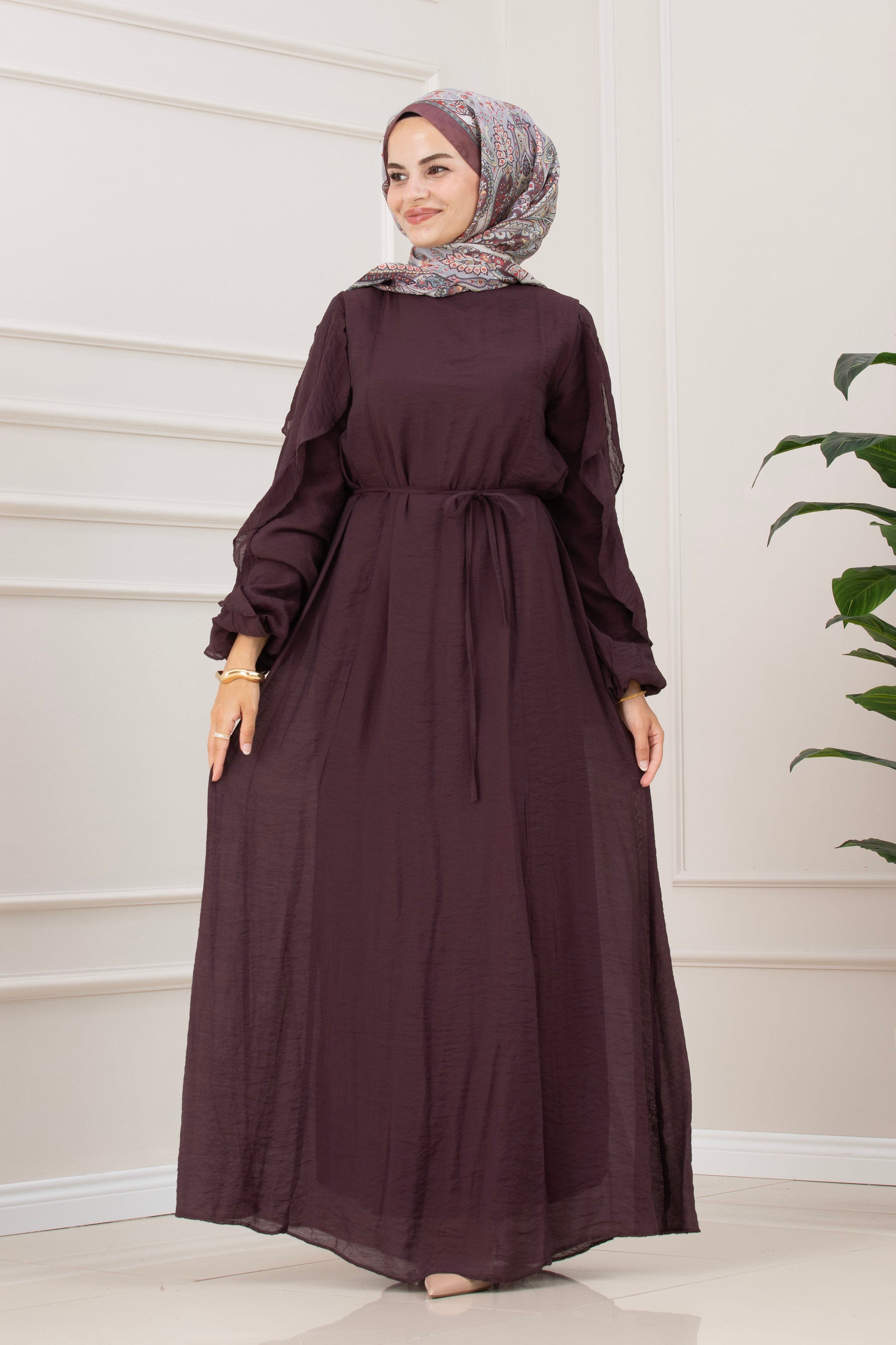 Kolları Fırfır Detaylı Simay Elbise-MÜRDÜM