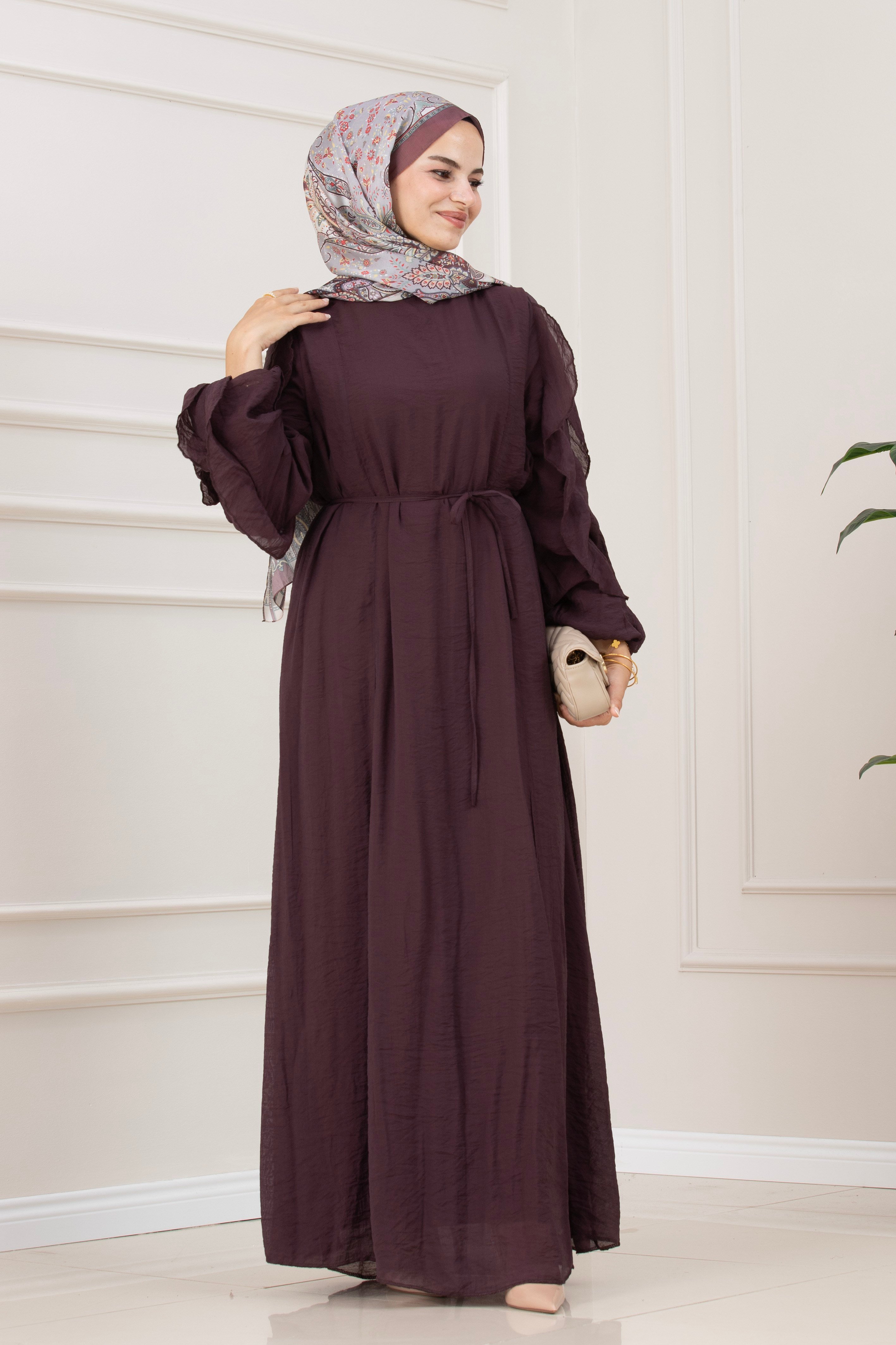 Kolları Fırfır Detaylı Simay Elbise-MÜRDÜM
