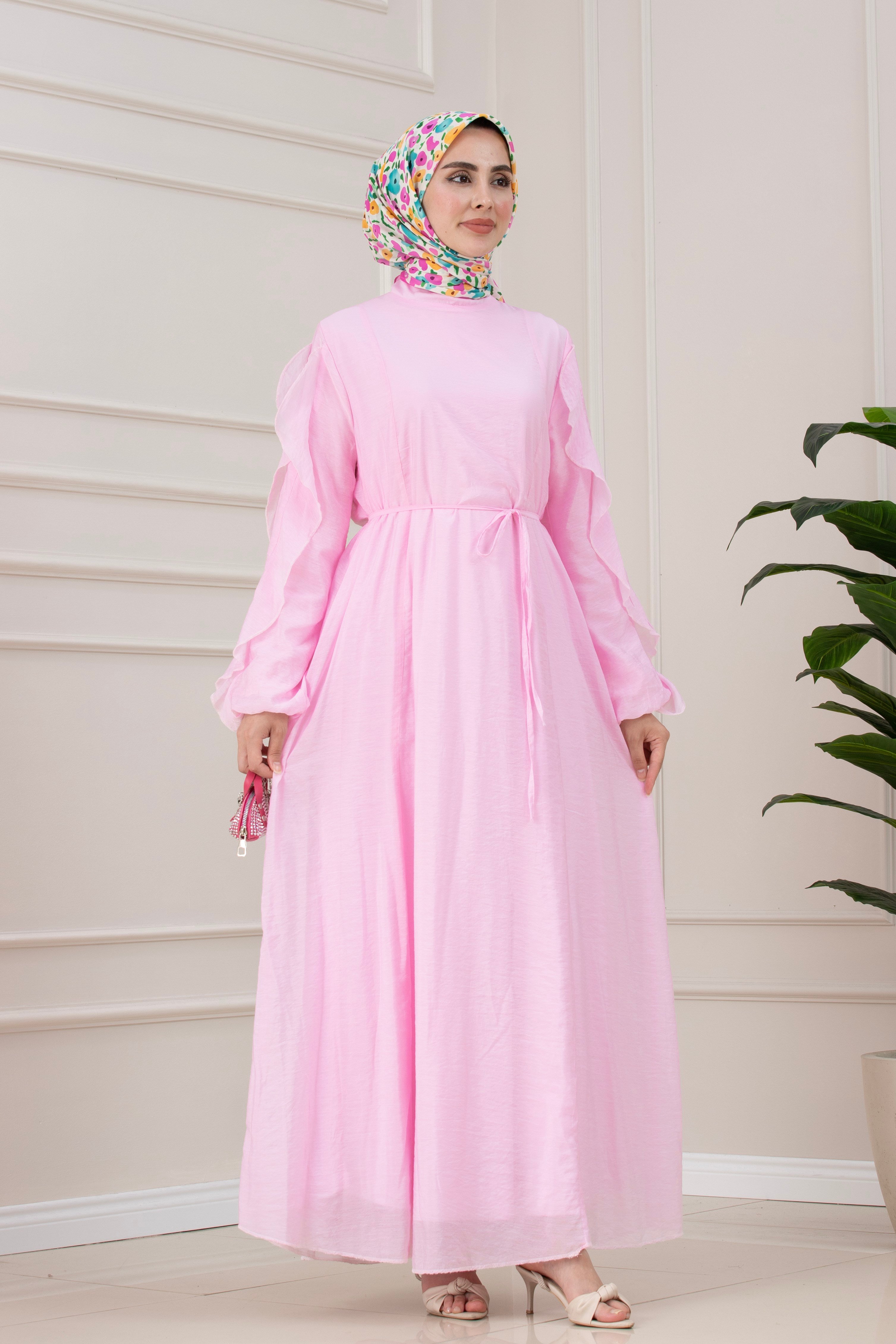 Kolları Fırfır Detaylı Simay Elbise-PEMBE