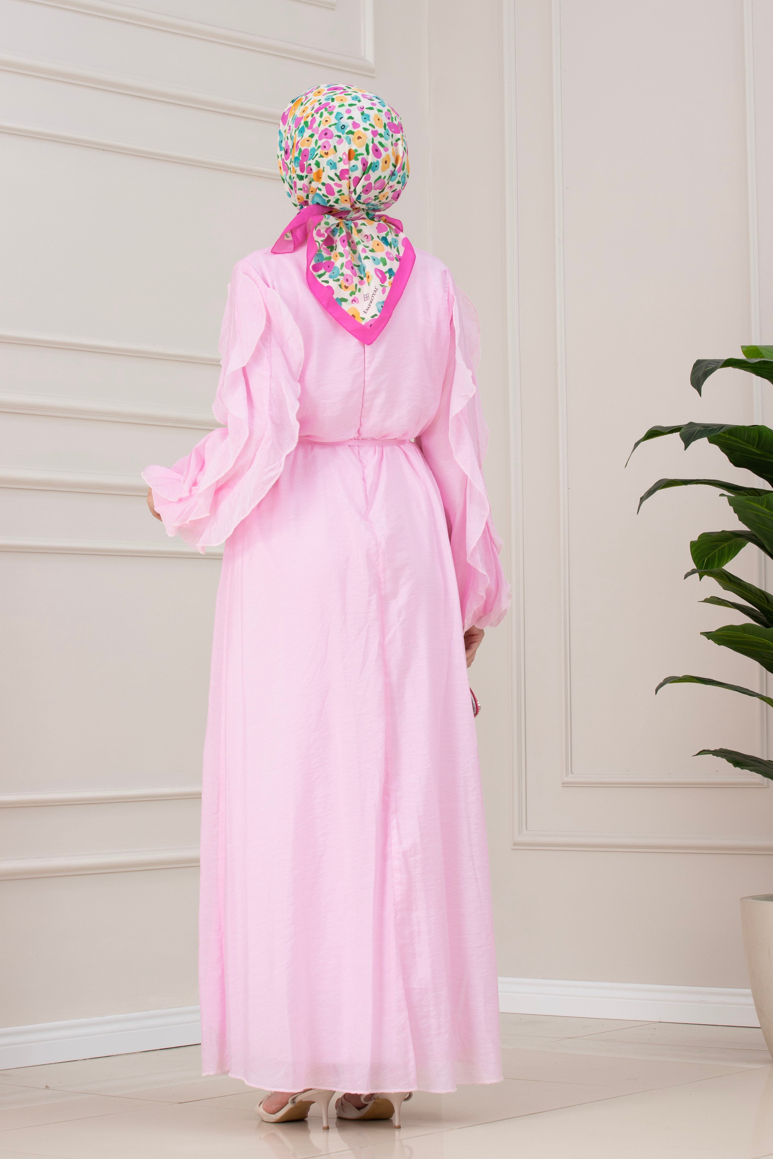 Kolları Fırfır Detaylı Simay Elbise-PEMBE