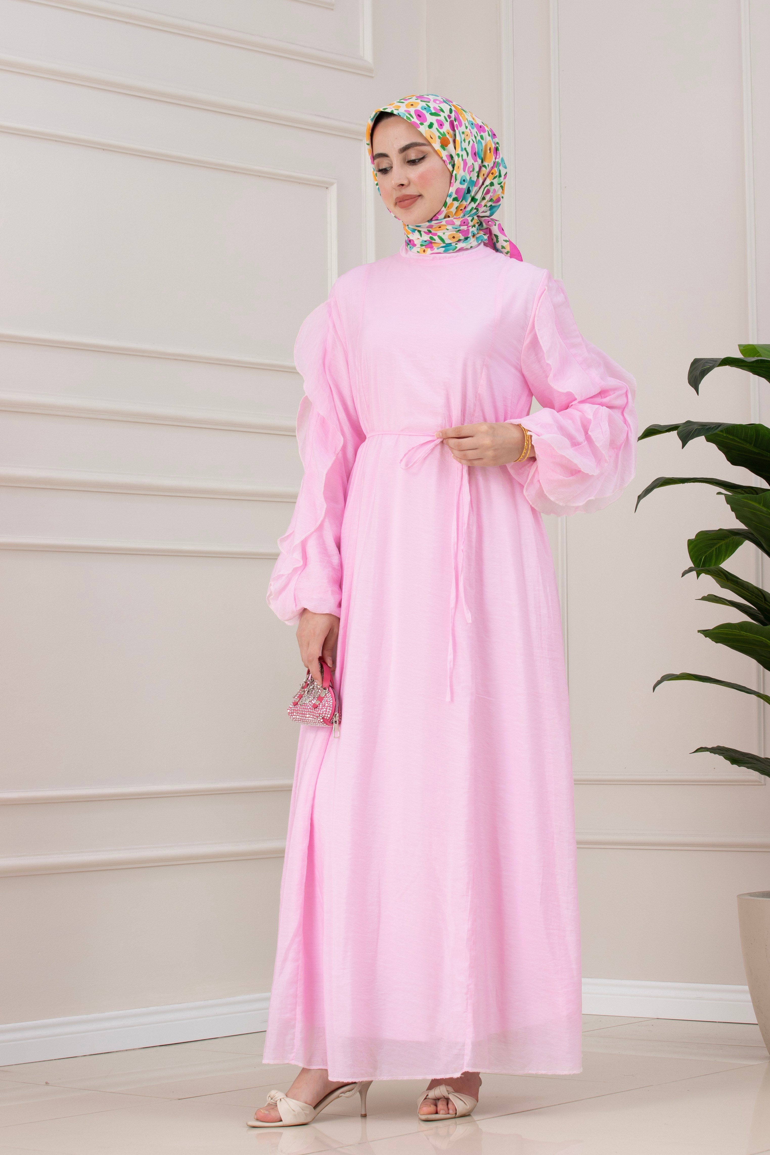 Kolları Fırfır Detaylı Simay Elbise-PEMBE