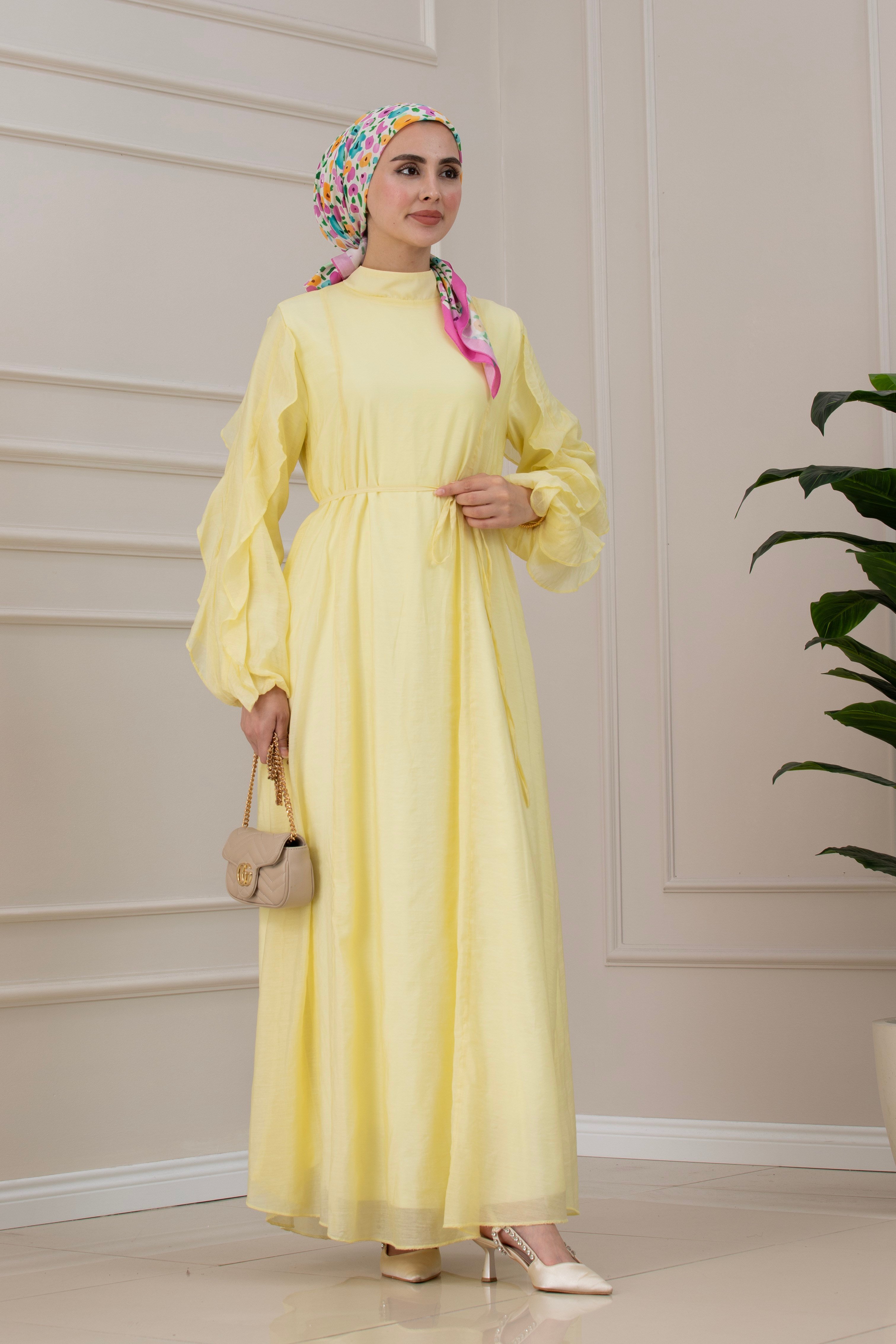 Kolları Fırfır Detaylı Simay Elbise-SARI