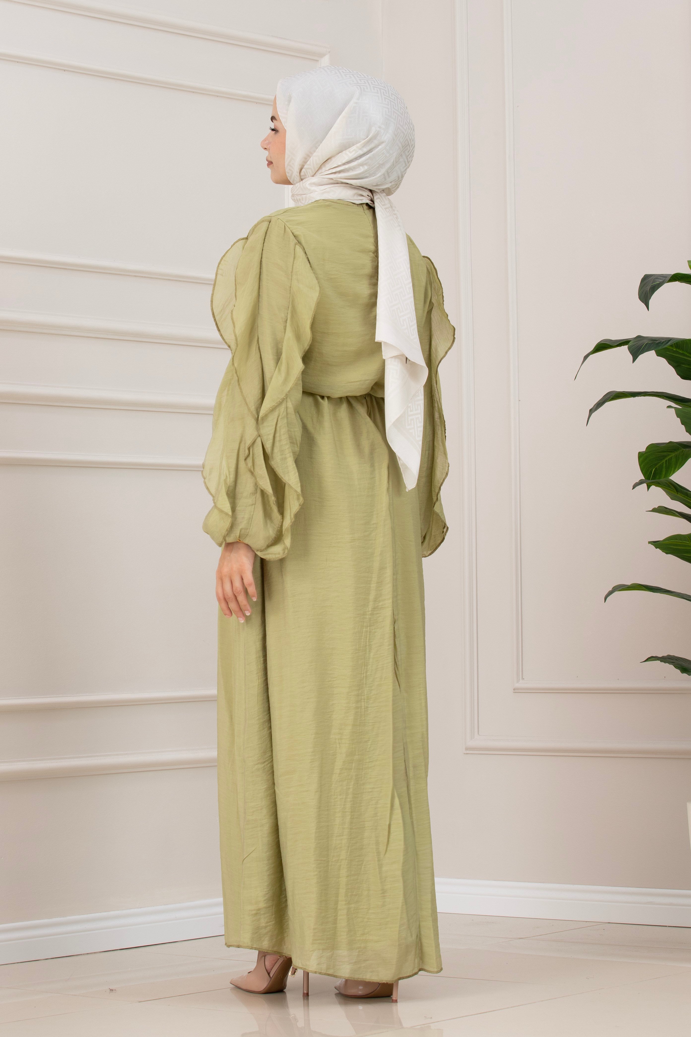 Kolları Fırfır Detaylı Simay Elbise-YEŞİL