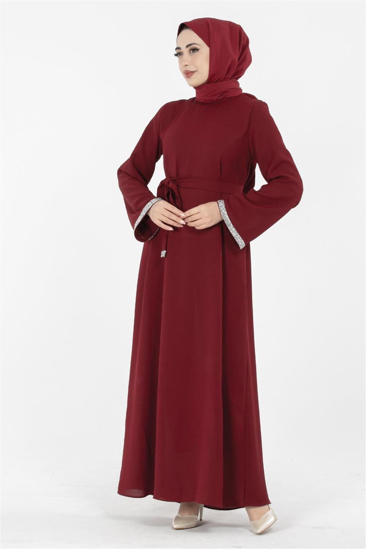Kolu Taşlı Elbise - Bordo
