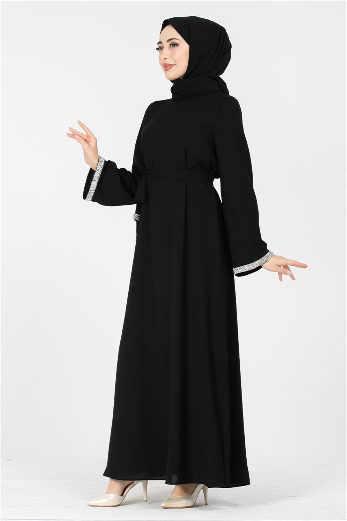 Kolu Taşlı Elbise - Siyah
