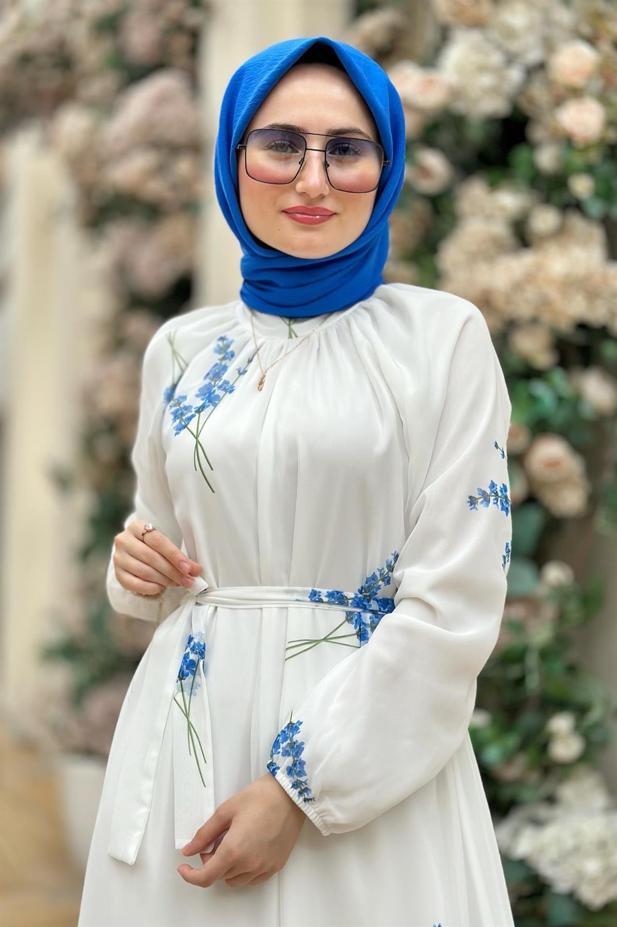 Lavanta desenli şifon elbise-Mavi