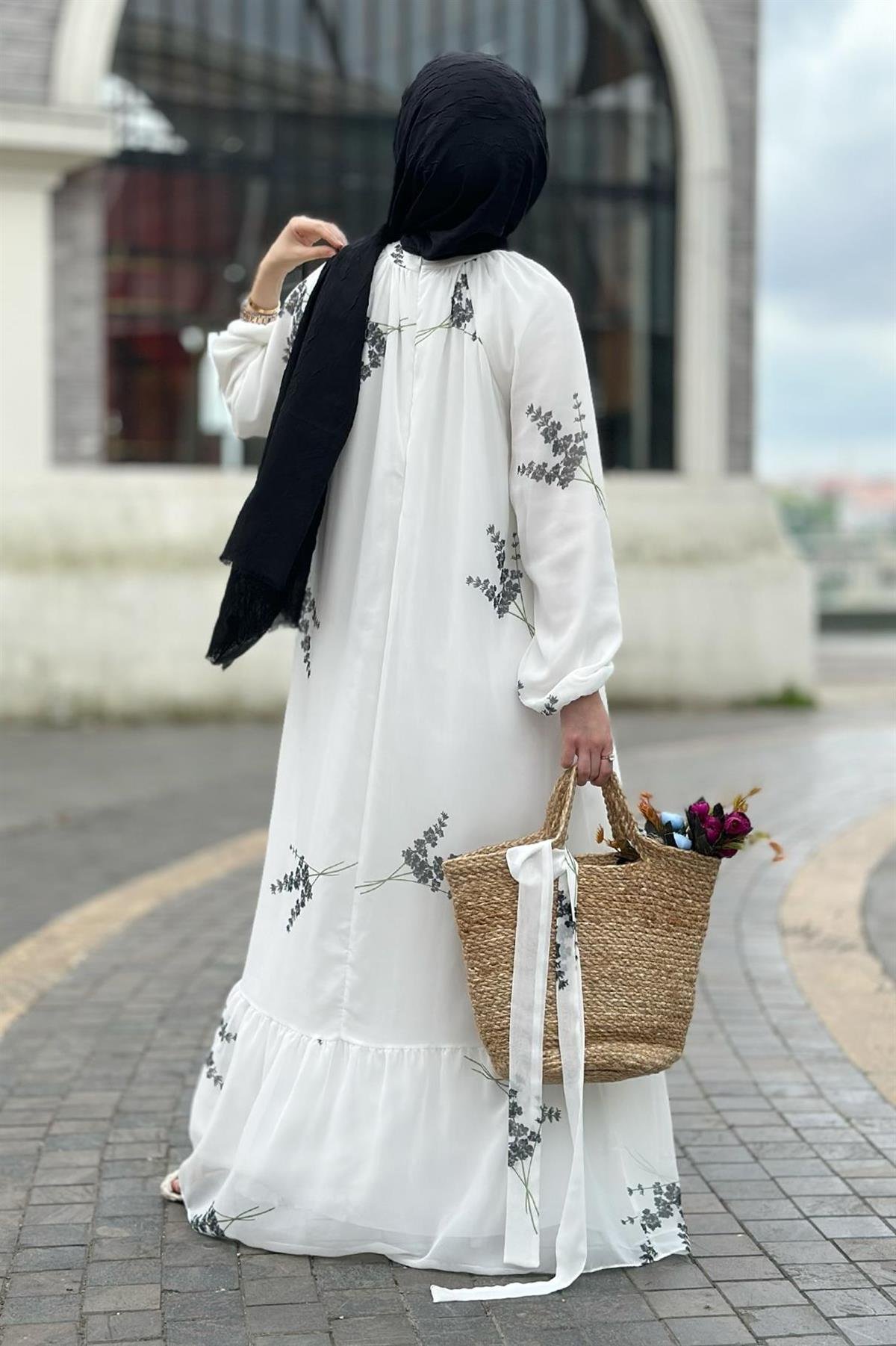Lavanta desenli şifon elbise-Siyah