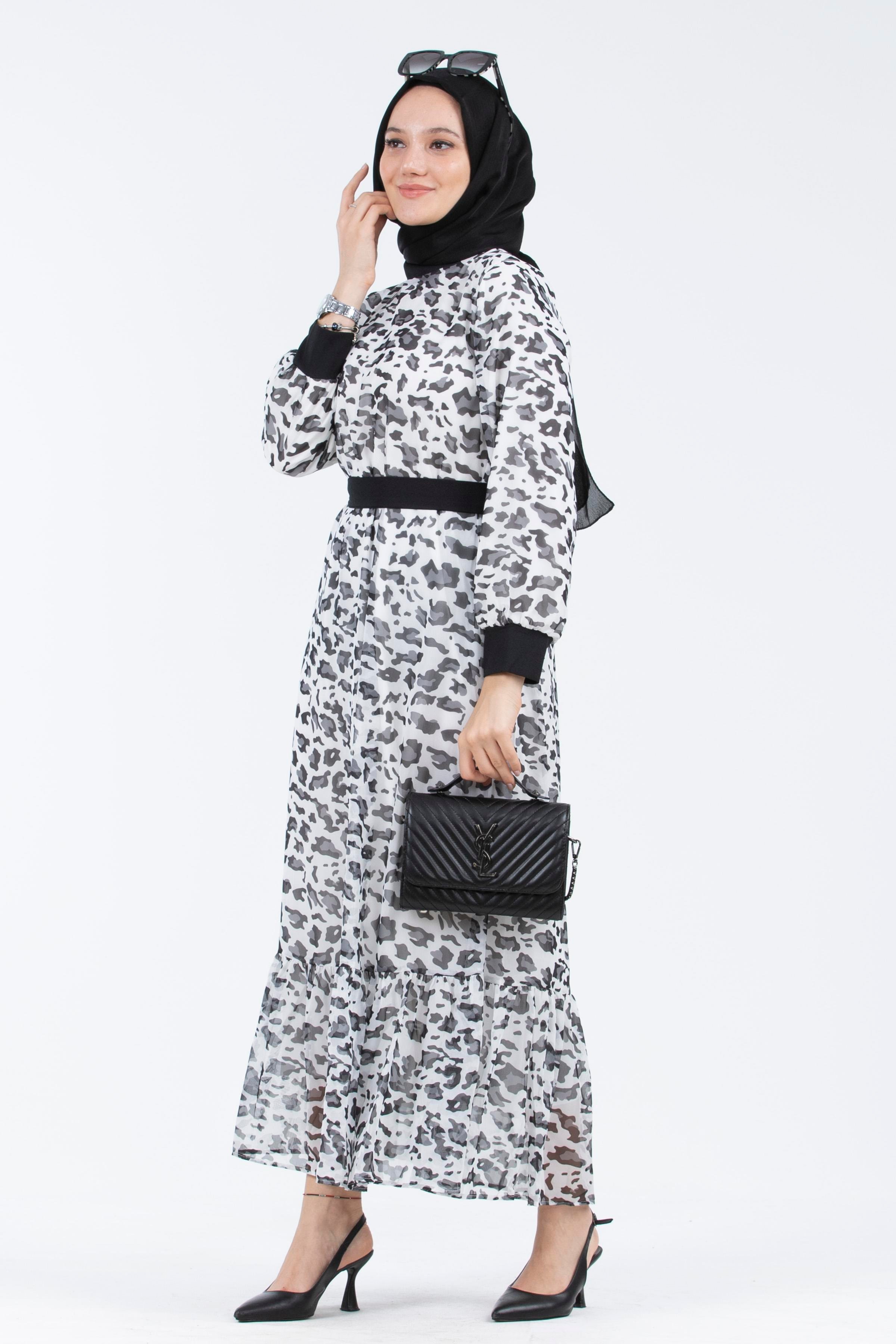 Leopar Desenli Şifon Elbise-Beyaz