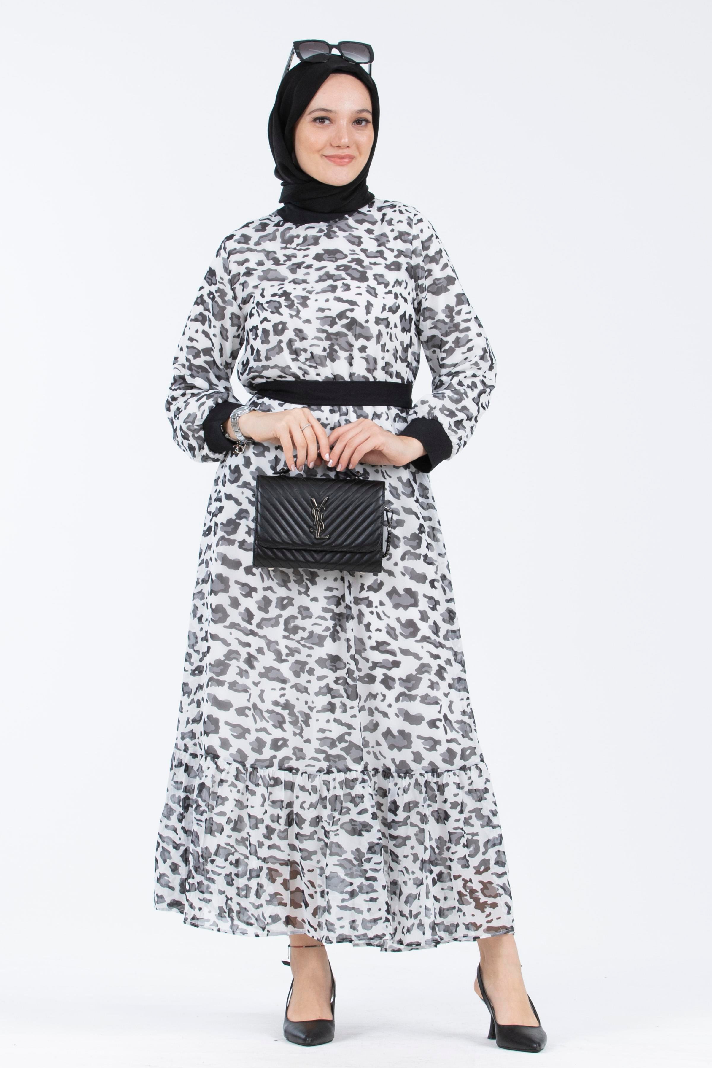 Leopar Desenli Şifon Elbise-Beyaz