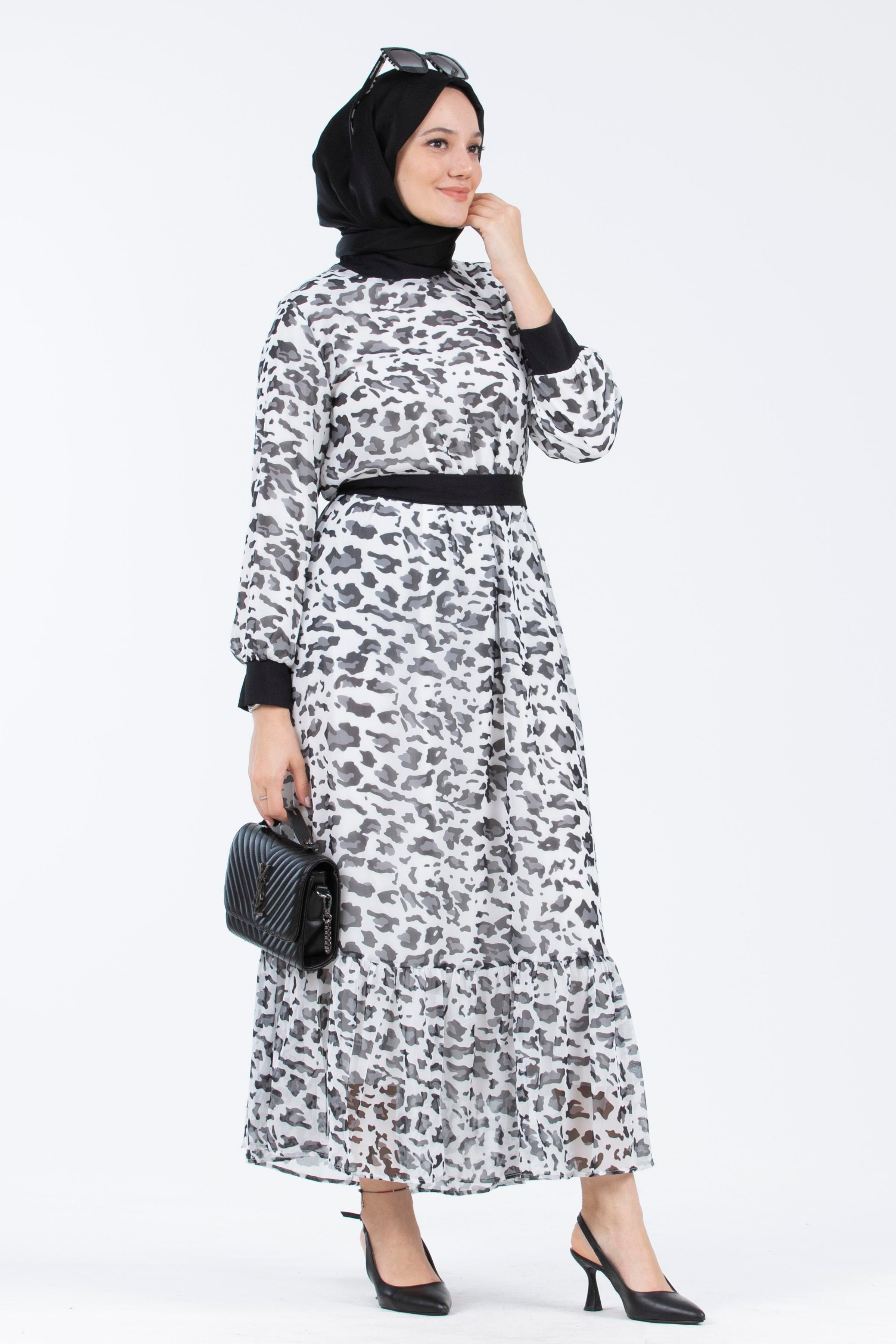 Leopar Desenli Şifon Elbise-Beyaz