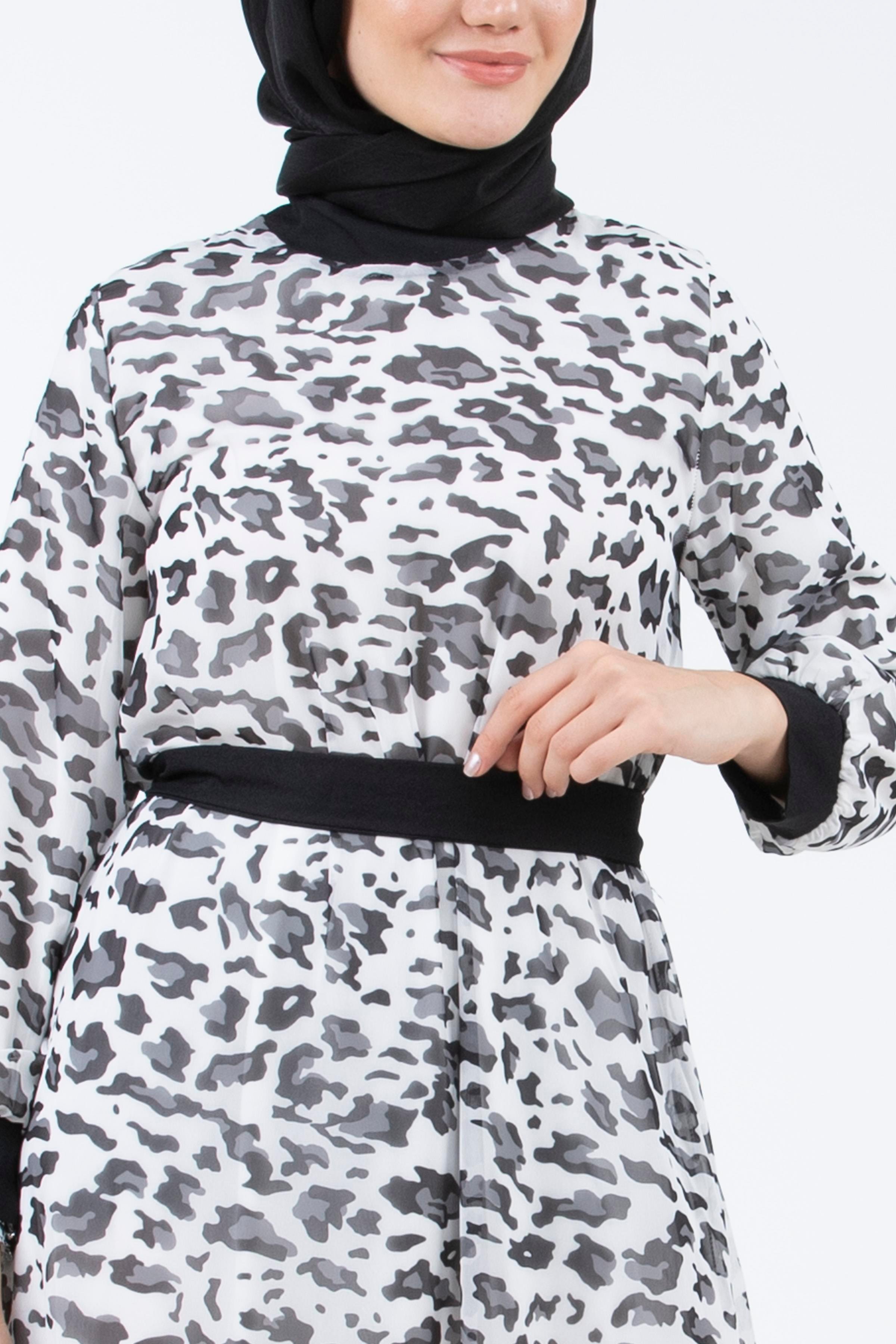 Leopar Desenli Şifon Elbise-Beyaz