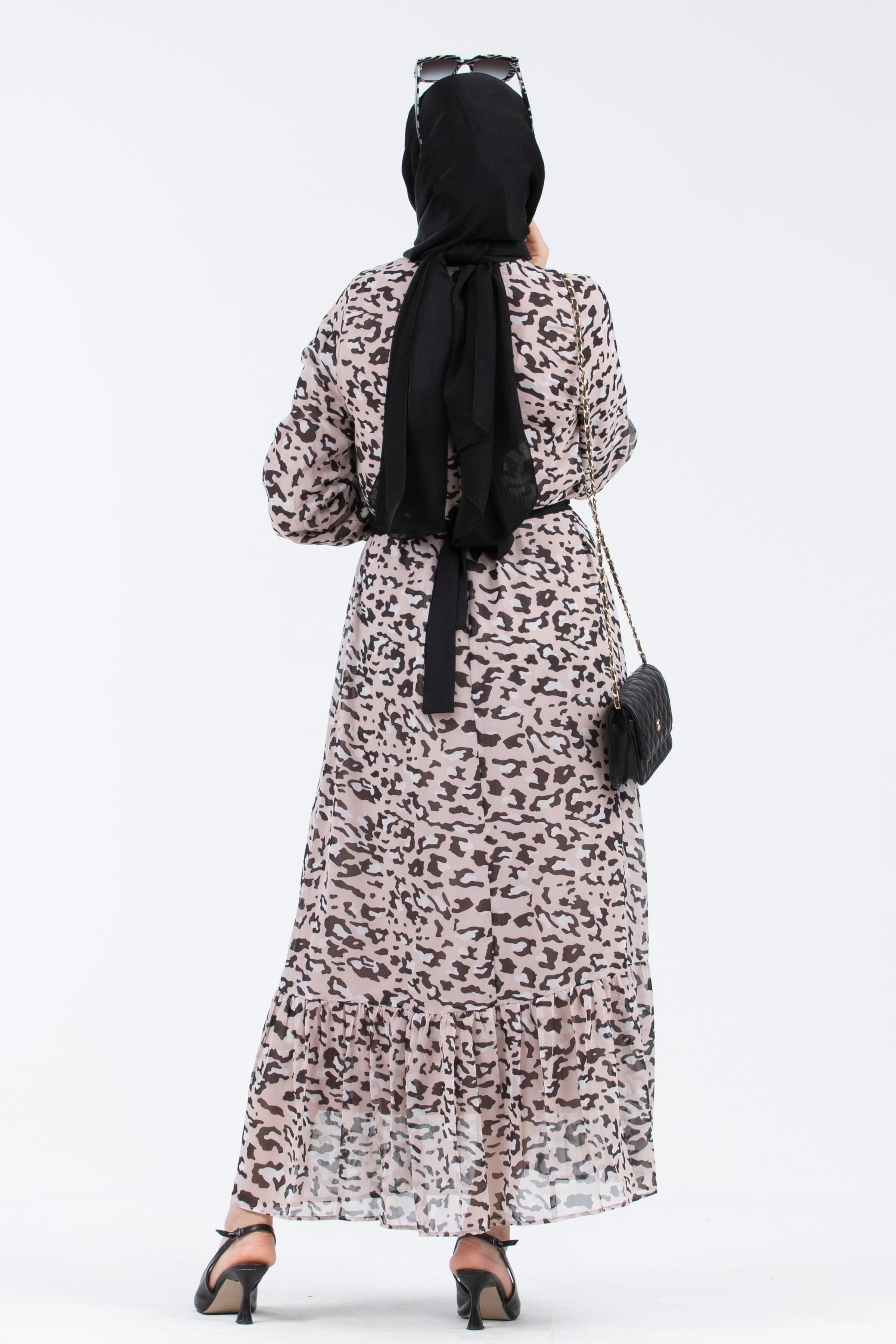 Leopar Desenli Şifon Elbise-Pudra